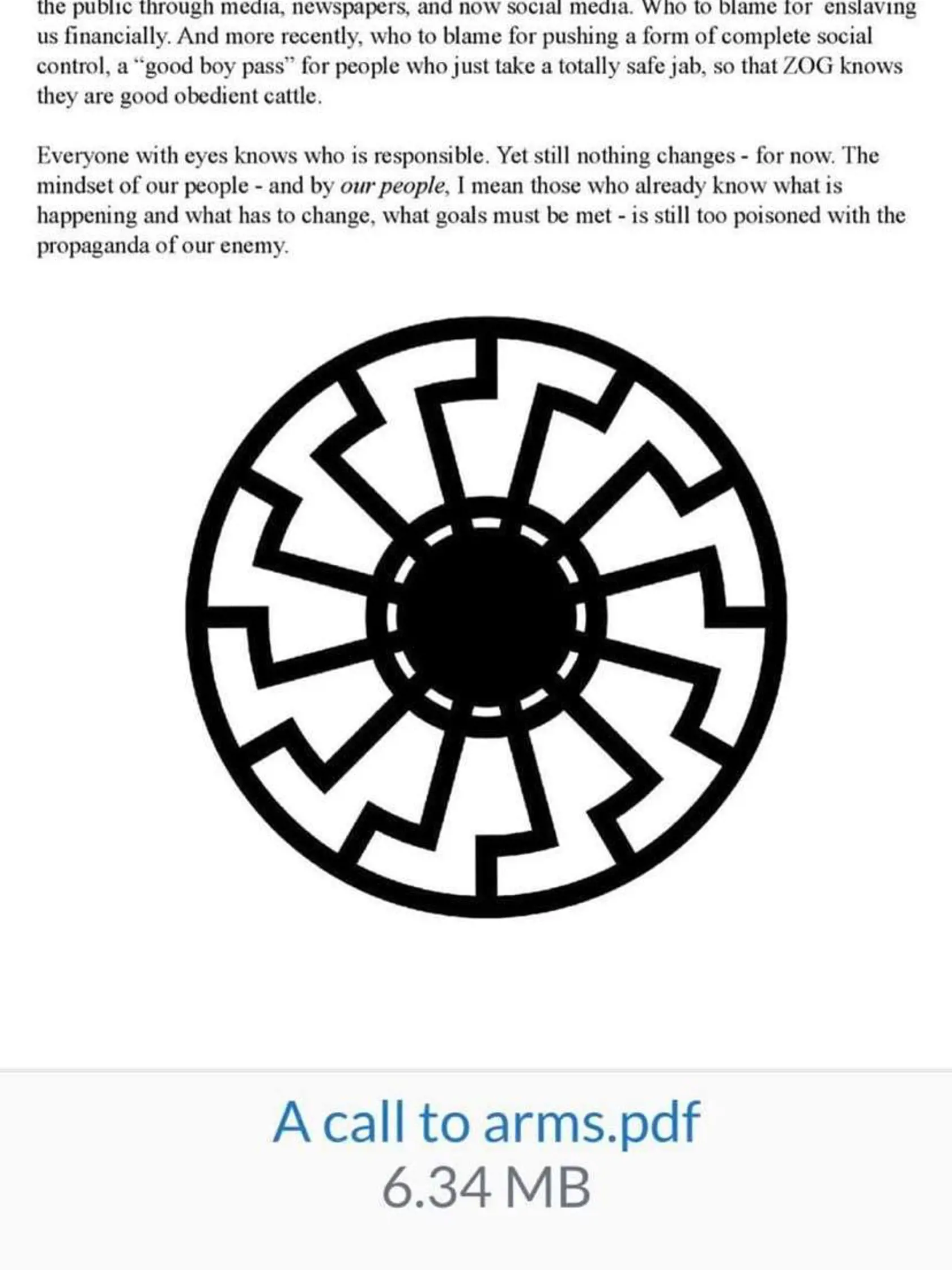 Viac ako 60-stranový dokument obsahuje aj obrázok tzv. runového slnka, čo je v podstate neonacistický symbol.
