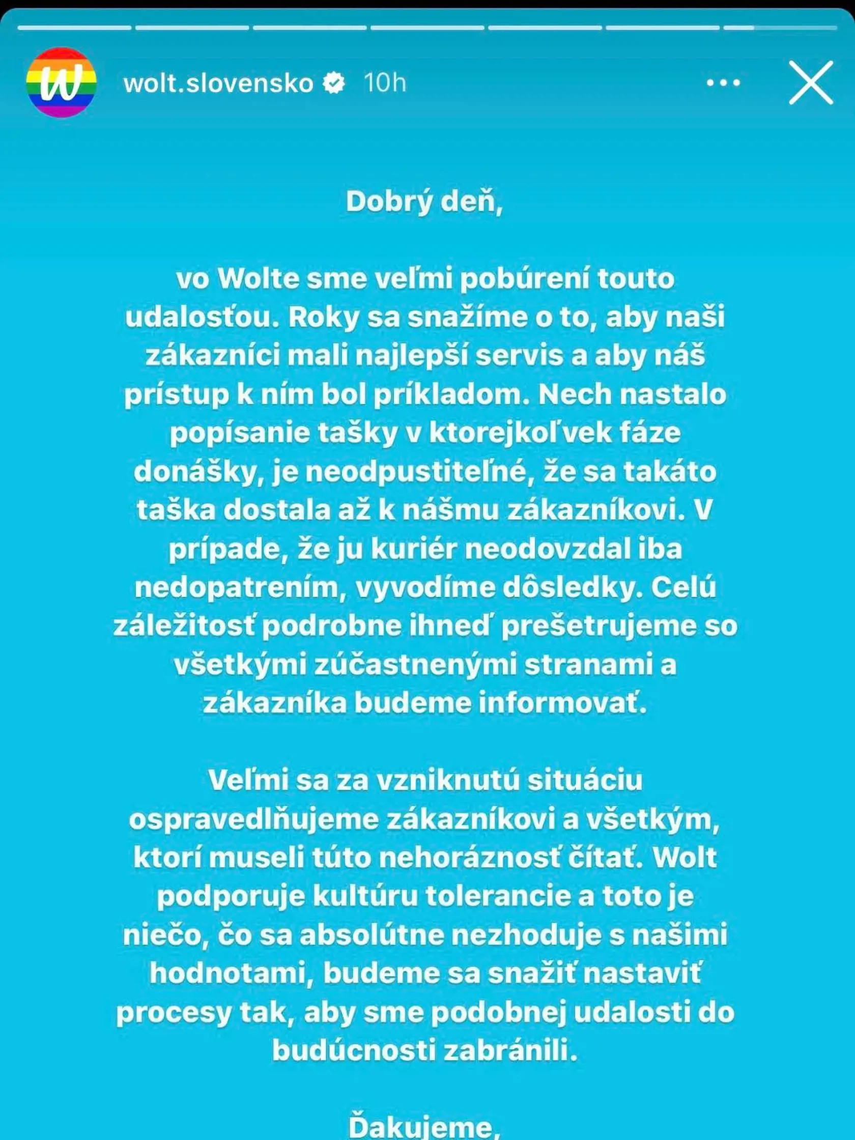 K celej situácií sa vyjadrila aj samotná kuriérska služba Wolt, ktorá odsúdila celý čin.