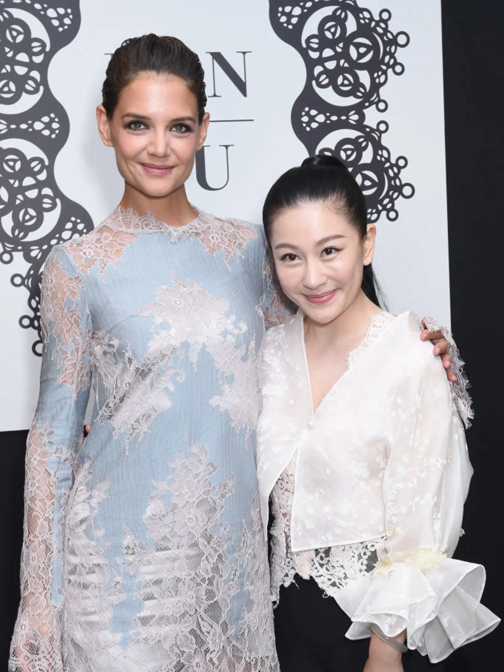 NEW YORK, NY - SEPTEMBER 11:  Actress Katie Holmes and designer Lan Yu backstage for Lanyu fashion show during New York Fashion Week: The Shows at Gallery 2, Skylight Clarkson Sq on September 11, 2017 in New York City.  (Photo by Presley Ann/Getty Images For Lanyu )
