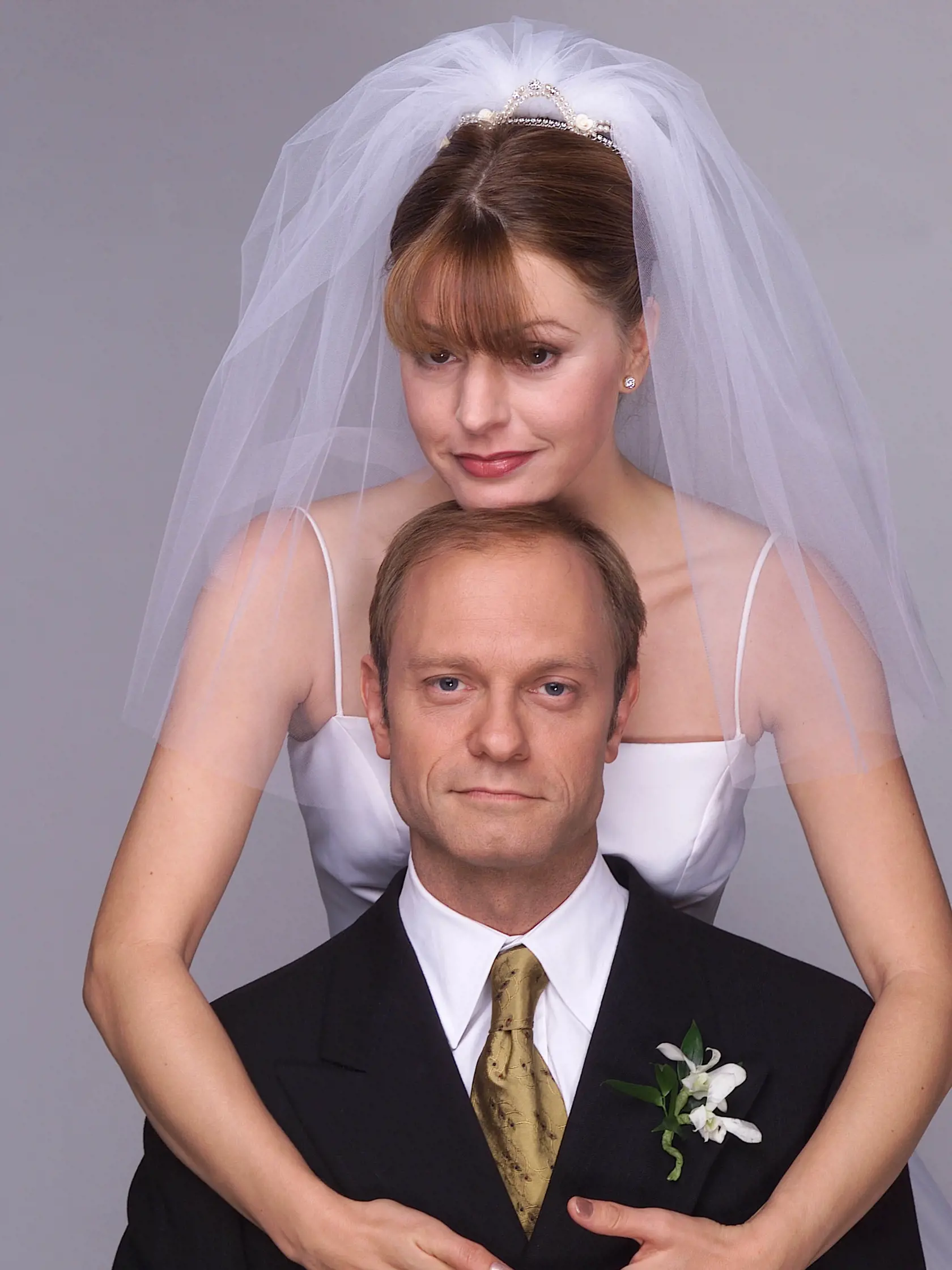 385849 03: Actors David Hyde Pierce stars as Niles Crane and Jane Leeves stars as Daphne Moon in NBC's television comedy series "Frasier." Episode: "And the Dish Ran Away With the Spoon, Part I" - In the one-hour season premiere of "Frasier," Daphne escapes her impending marriage to start a new life with Niles. (Photo by Chris Haston/NBC)