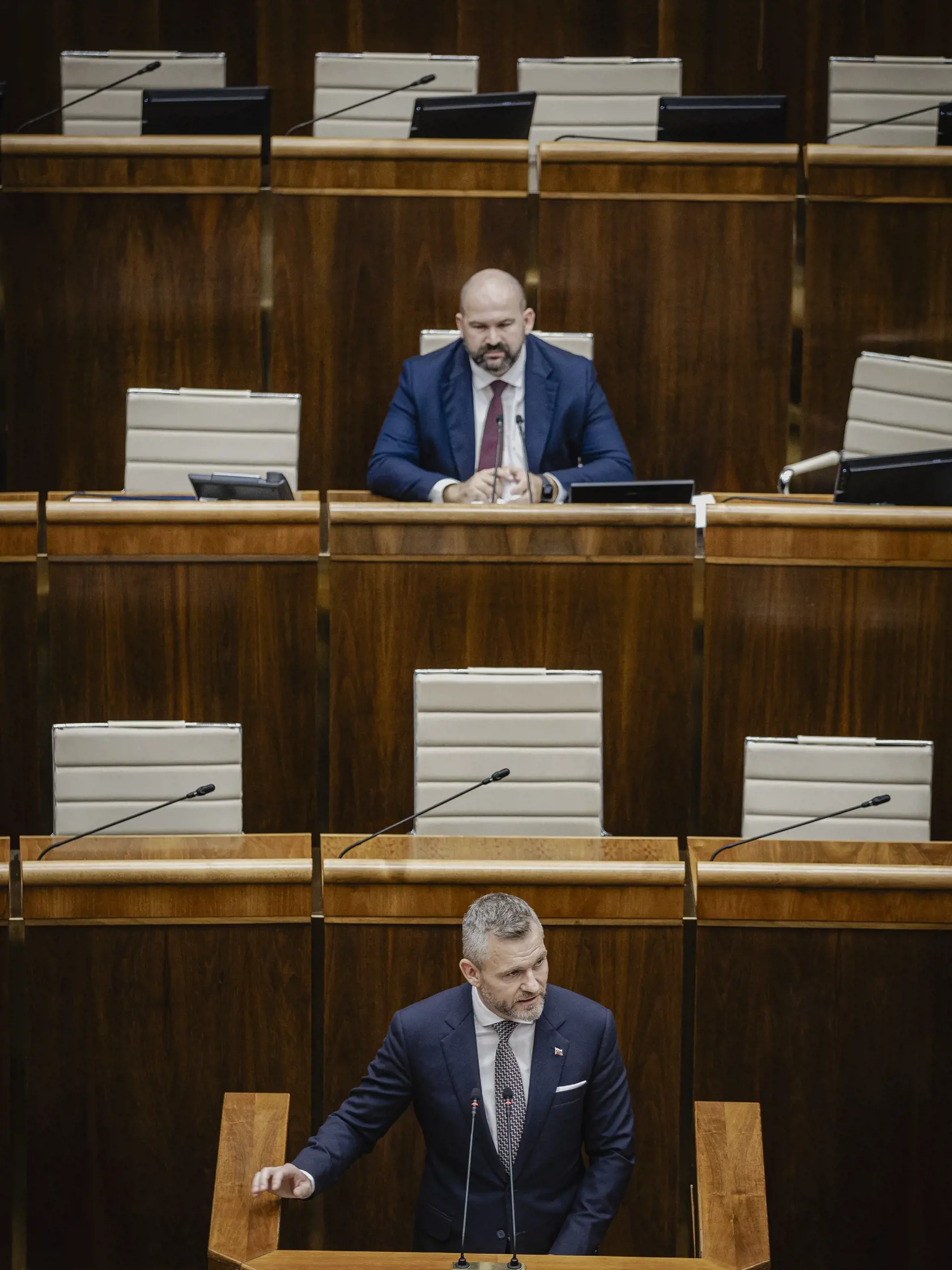 Prvý deň predsedu strany HLAS-SD Petra Pellegriniho v Národnej rade Slovenskej republiky po predčasných parlamentných voľbách 2023. Na snímke počas počas prejavu po zvolení za Predsedu NRSR.