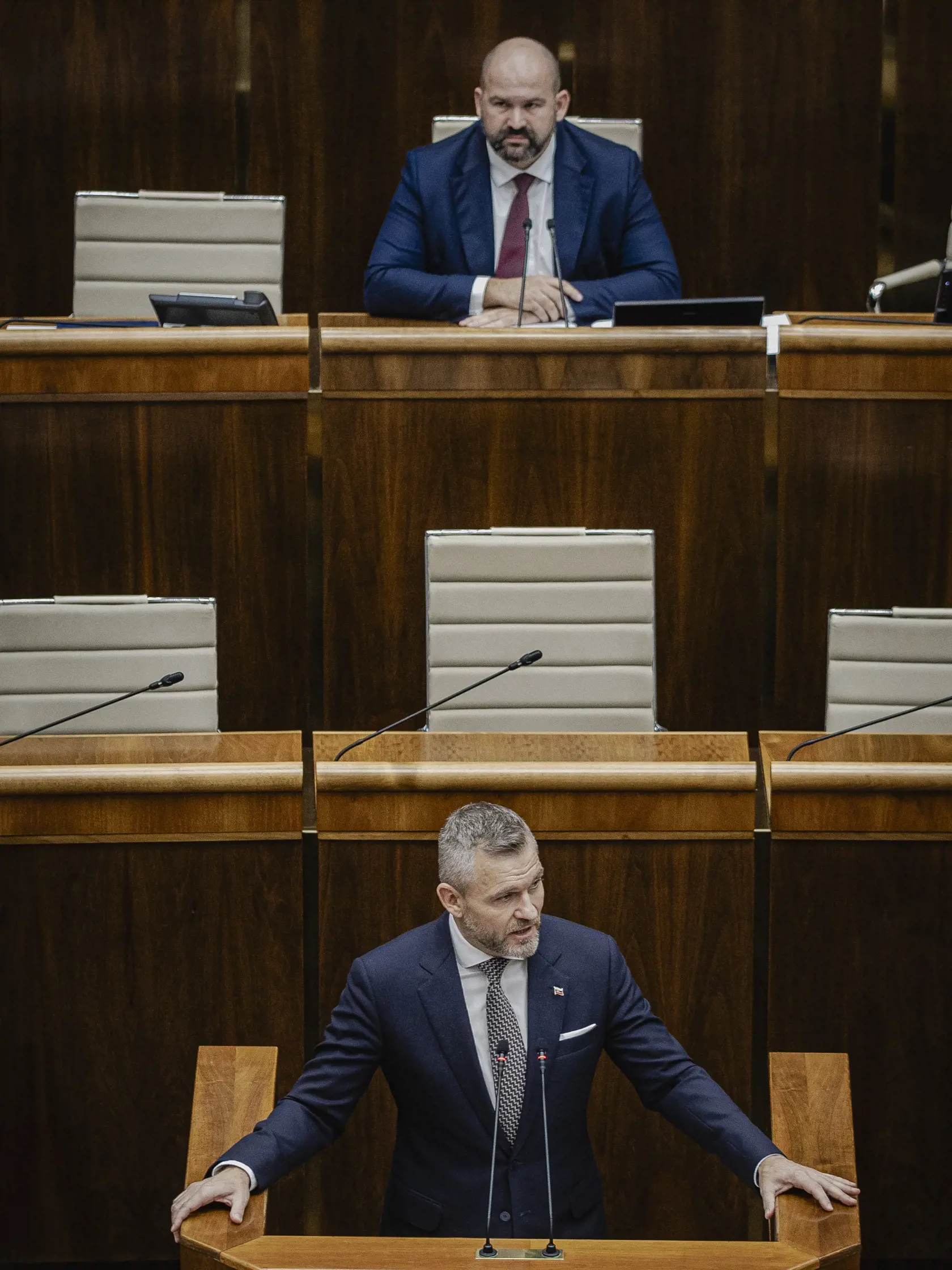 Prvý deň predsedu strany HLAS-SD Petra Pellegriniho v Národnej rade Slovenskej republiky po predčasných parlamentných voľbách 2023. Na snímke počas počas prejavu po zvolení za Predsedu NRSR.