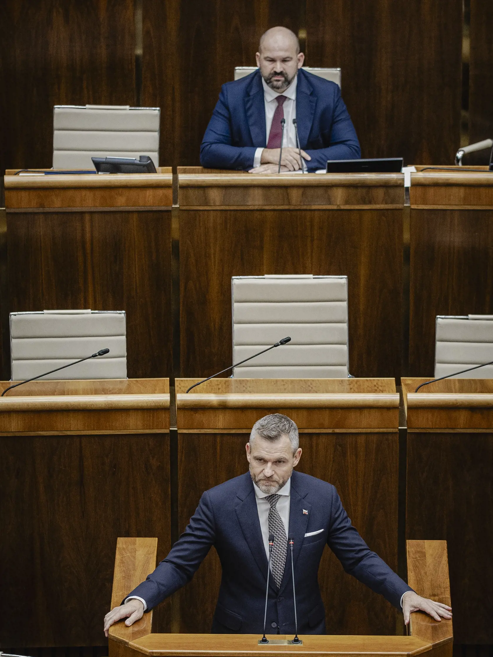 Prvý deň predsedu strany HLAS-SD Petra Pellegriniho v Národnej rade Slovenskej republiky po predčasných parlamentných voľbách 2023. Na snímke počas počas prejavu po zvolení za Predsedu NRSR.