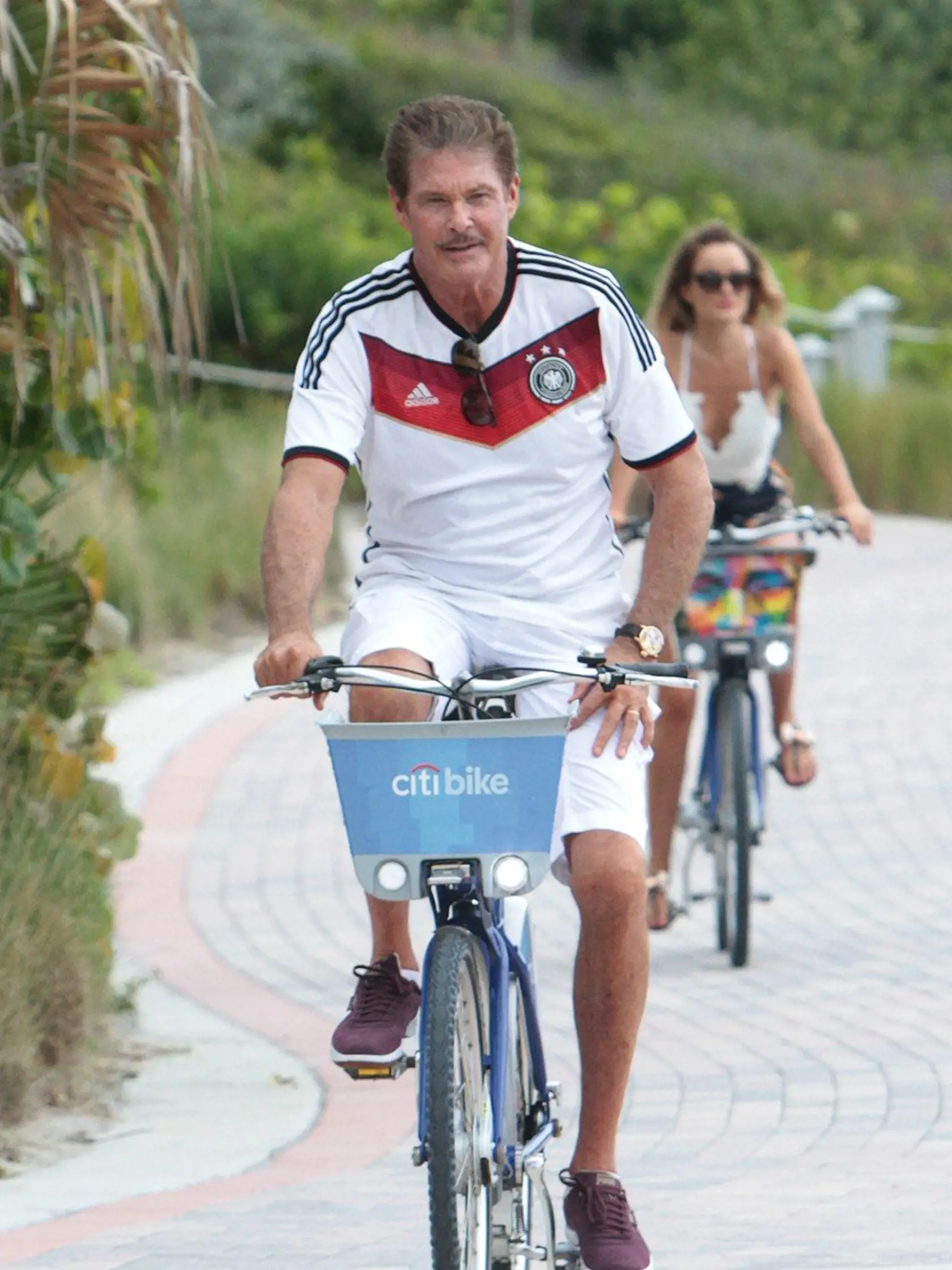 Baywatch David Hasselhoff  and fiancee Hayley Roberts bike ride in Miami Beach. Pictured: David Hasselhoff and Hayley Roberts, Image: 332293444, License: Rights-managed, Restrictions: -ALLCOUNTRY, Model Release: no, Credit line: Profimedia, Splash