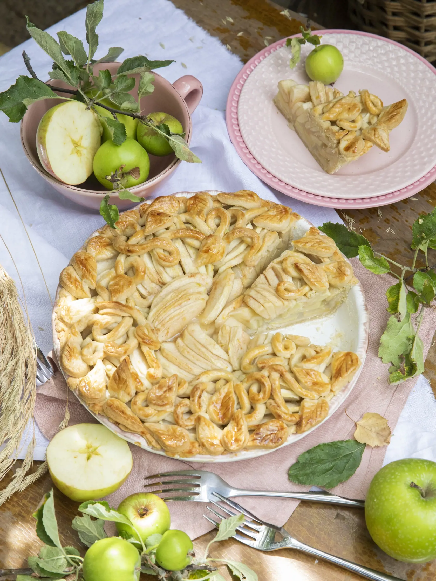 jablkový páj

recept:
8-10 PORCIÍ, PRÍPRAVA 30 MINÚT,
PEČENIE 45-50 MINÚT
Na cesto:
• 375 g hladkej múky
• 3 lyžice práškového cukru
• štipka soli
• štvrť lyžičky mletej vanilky
• 50 g masti
• 170 g studeného masla
• 60 ml studenej vody
• maslo na vymastenie a múka na
vysypanie formy
Na jablkovú náplň:
• 1 kg jabĺk
• 2 lyžice citrónovej šťavy
• 1 lyžička citrónovej kôry
• 5 lyžíc krupicového cukru
• 6 lyžíc kukuričného škrobu
• 1 vajce
1. V mise zmiešajte múku, cukor, soľ, vanilku.
Pridajte stud