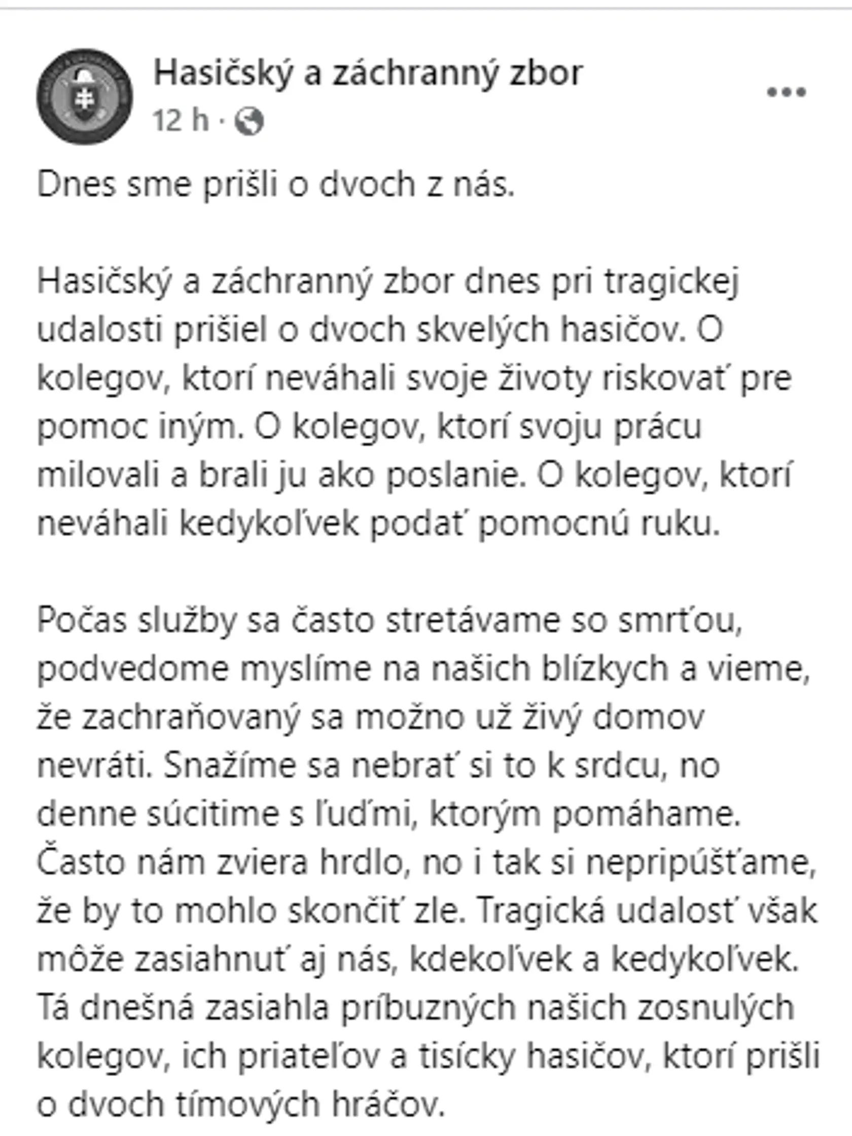 Dojímavý status, ktorý zverejnila stránka hasičského zboru.