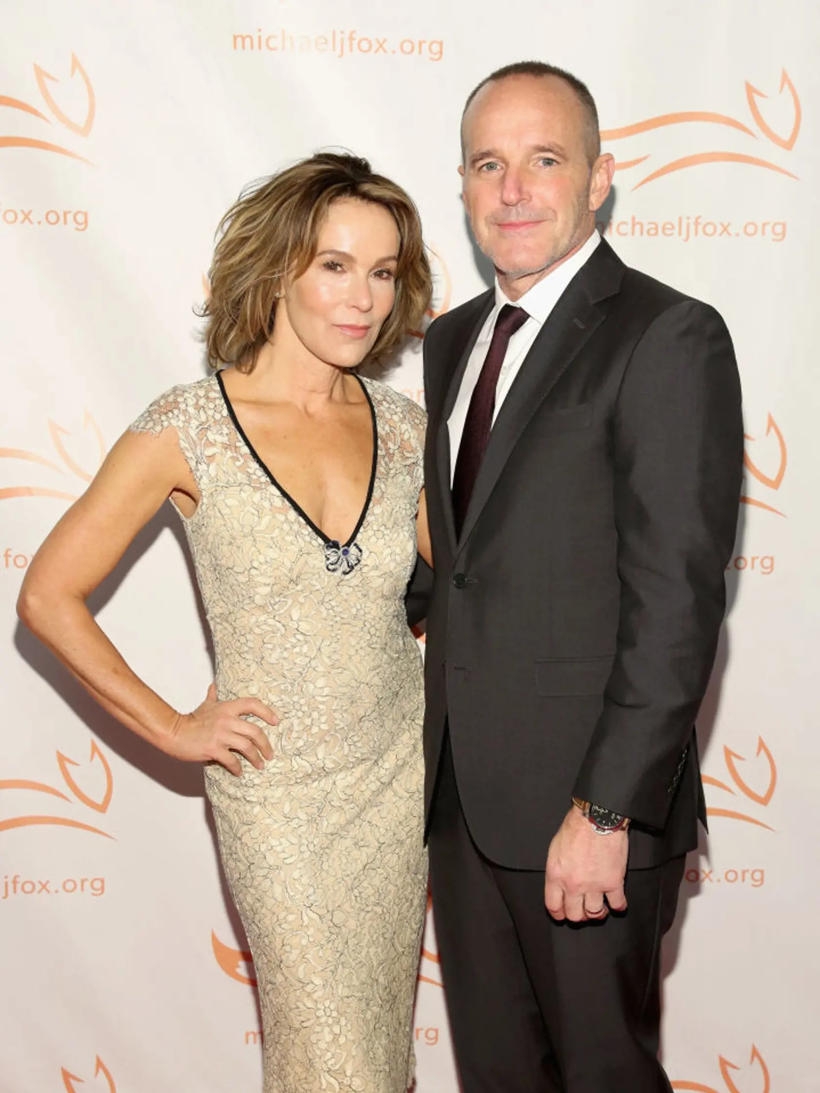 NEW YORK, NY - NOVEMBER 10: Jennifer Grey and Clark Gregg on the red carpet of A Funny Thing Happened On The Way To Cure Parkinson's benefitting The Michael J. Fox Foundation at the Hilton New York on November 10, 2018.  (Photo by Cindy Ord/Getty Images)