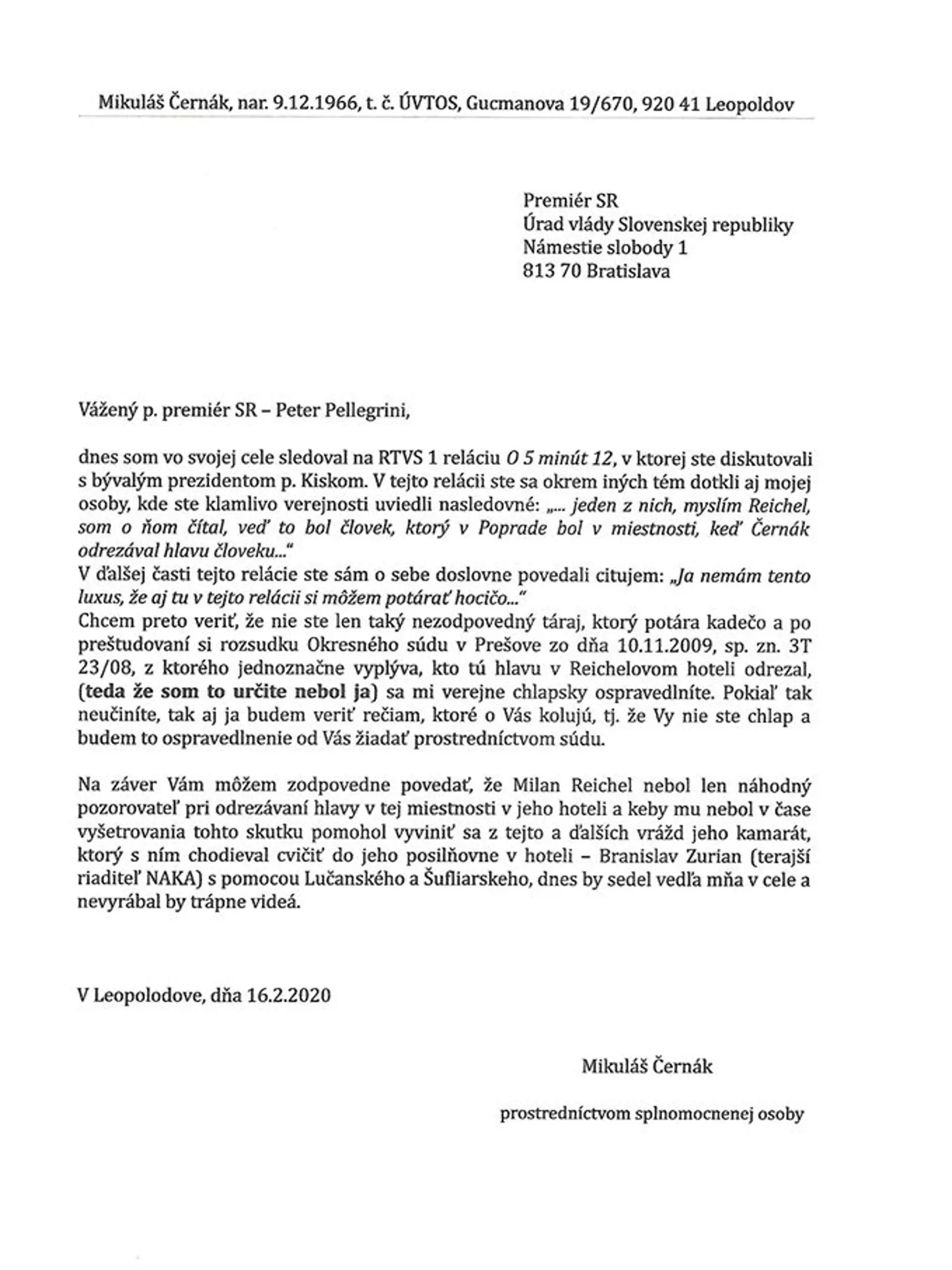 List Mikuláša Černáka, Petrovi Pellegrinimu.