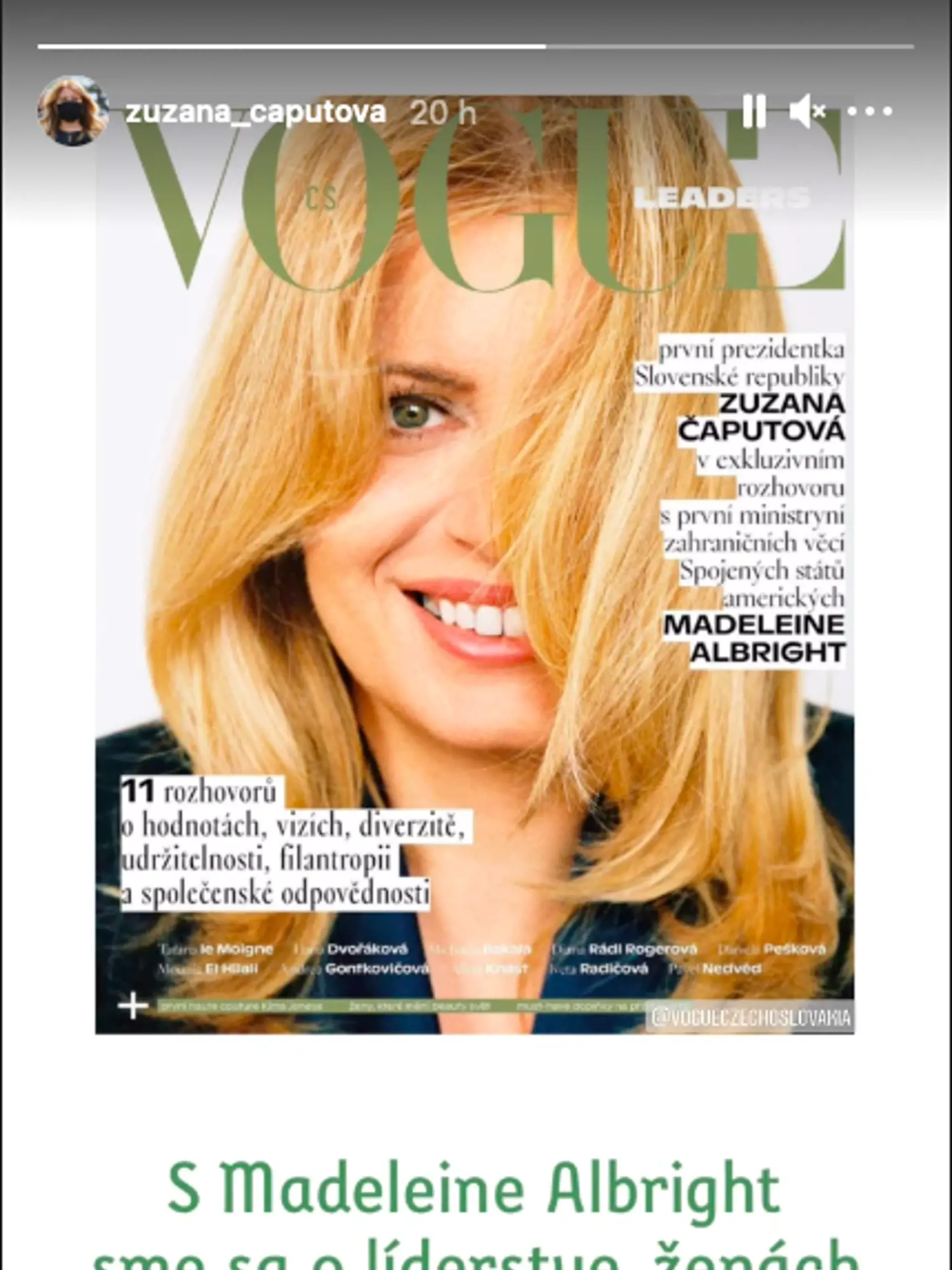 Titulka prvého vydania Vogue Leaders CZ. Na titulke prezidentka Zuzana Čaputová.