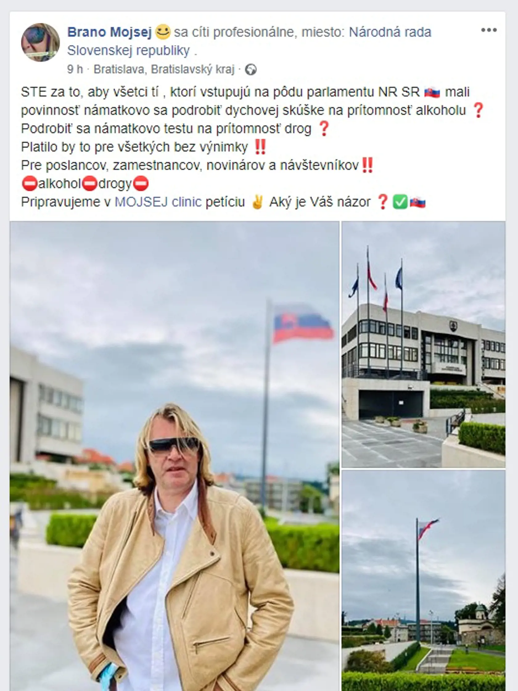 Spevák Braňo Mojsej pred parlamentom: Všetkých, ktorý doňho vstúpia by námatkovo testoval na alkohol a drogy.