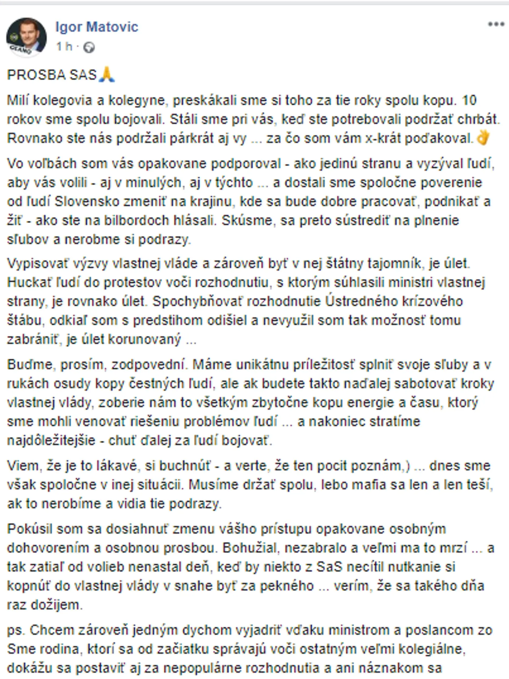 Status Igora Matoviča v ktorom prosil SaS...