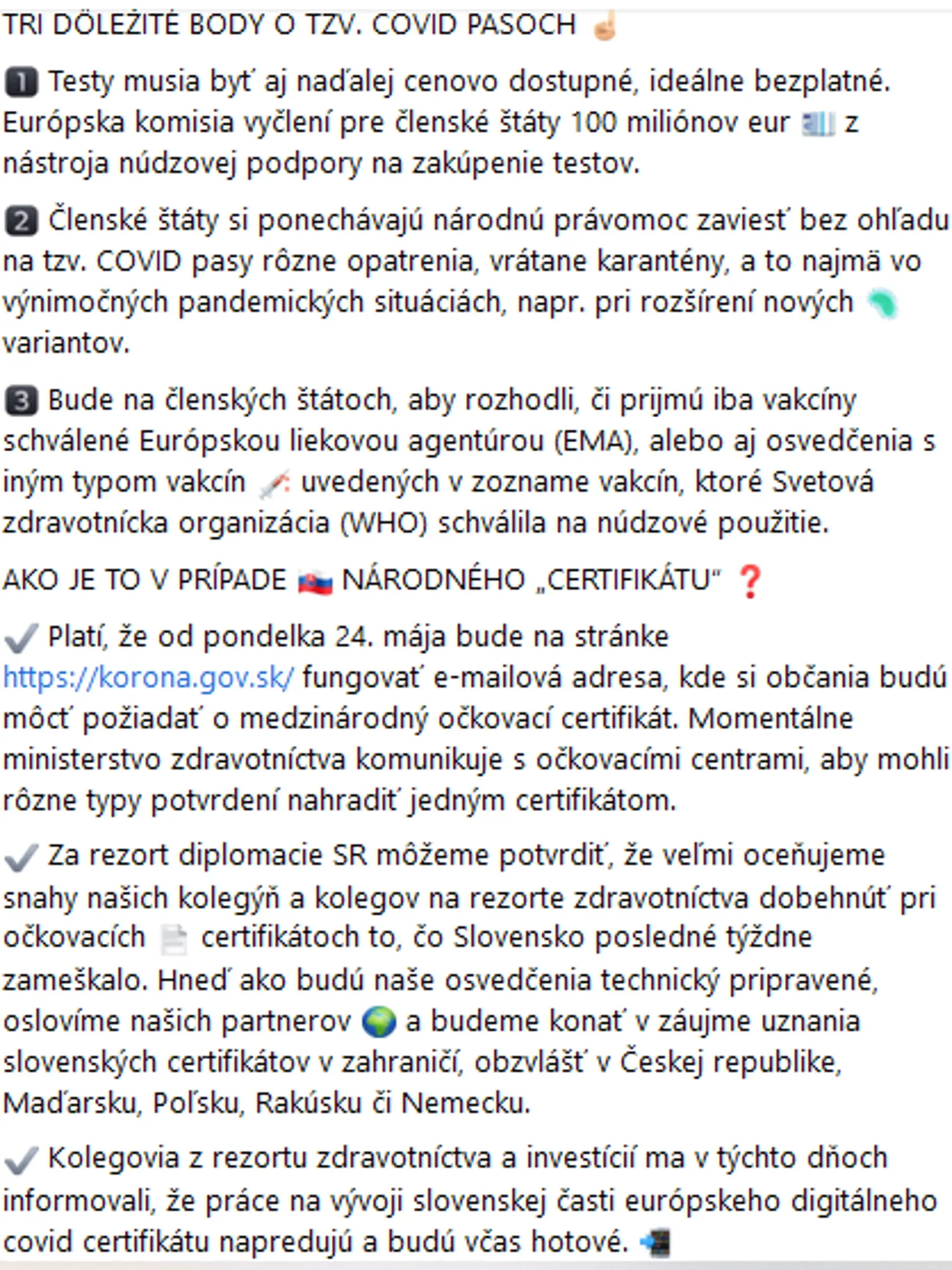 TRI DÔLEŽITÉ BODY O TZV. COVID PASOCH
1️⃣ Testy musia byť aj naďalej cenovo dostupné, ideálne bezplatné. Európska komisia vyčlení pre členské štáty 100 miliónov eur z nástroja núdzovej podpory na zakúpenie testov.