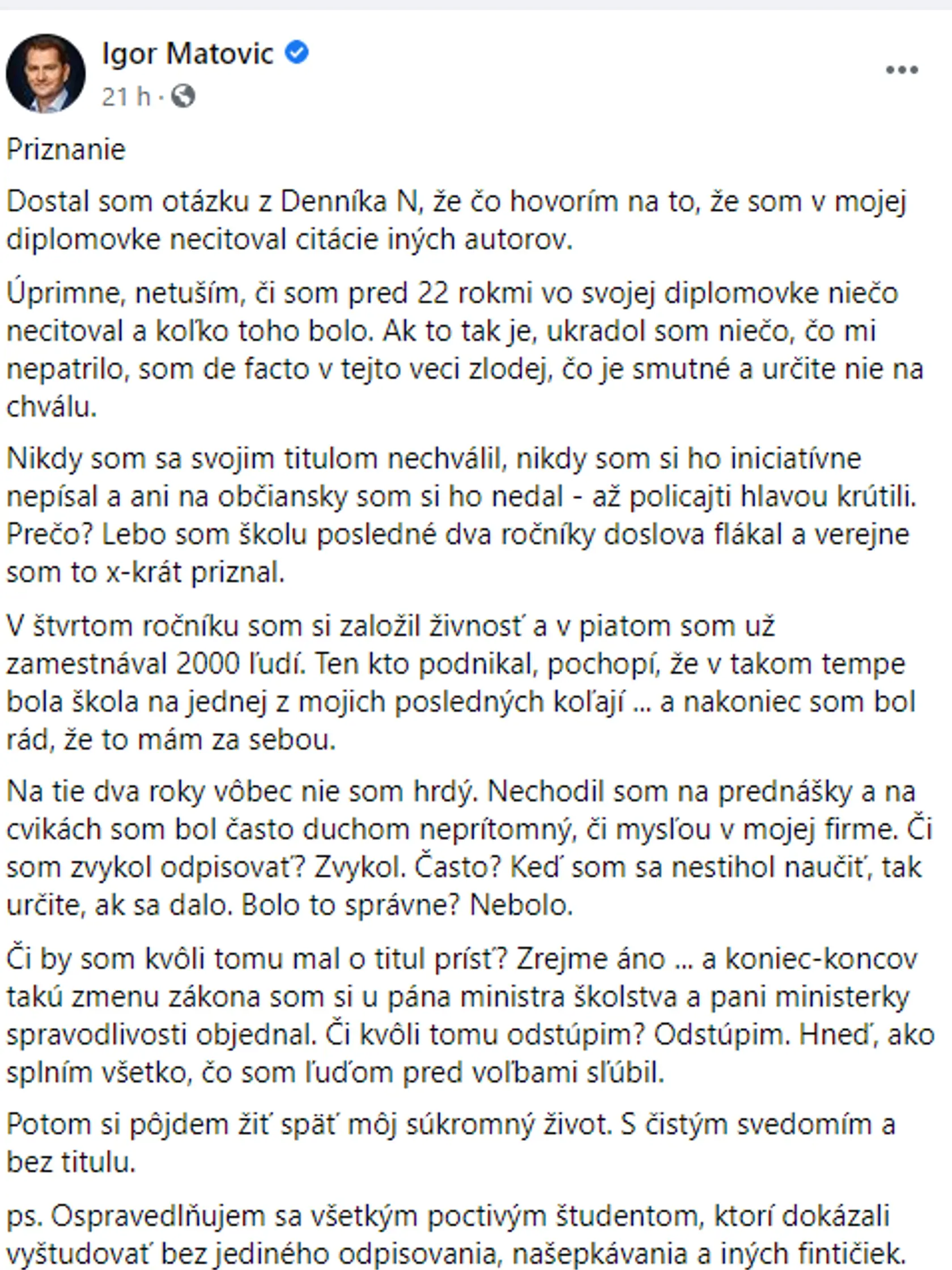 Igor Matovič sa ku svojej diplomovke vyjadril na Facebooku.