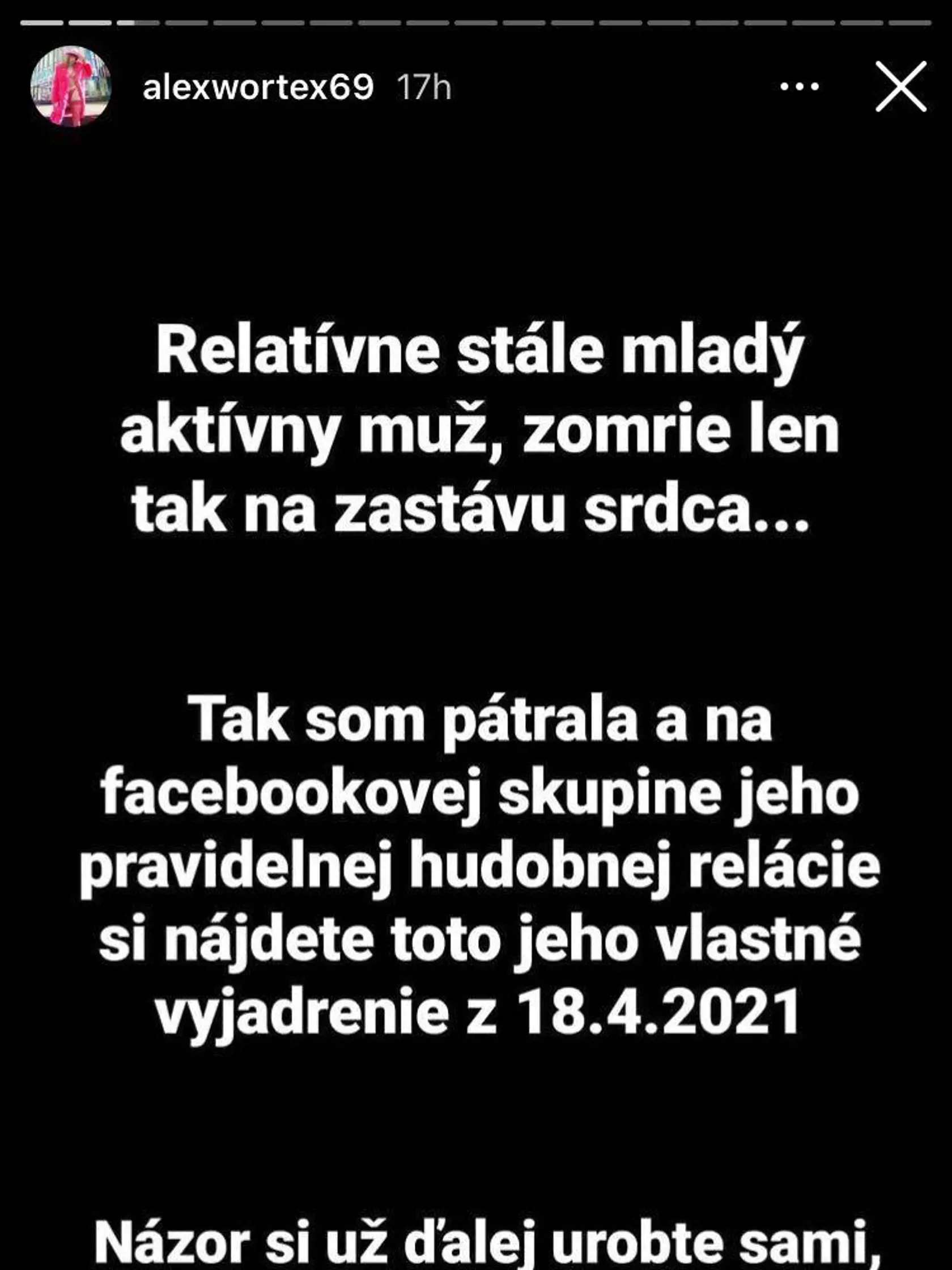 Kontroverzná Alex Wortex zdieľala Viršíkov status o očkovaní so slovami, aby si ľudia urobili na to vlastný názor.