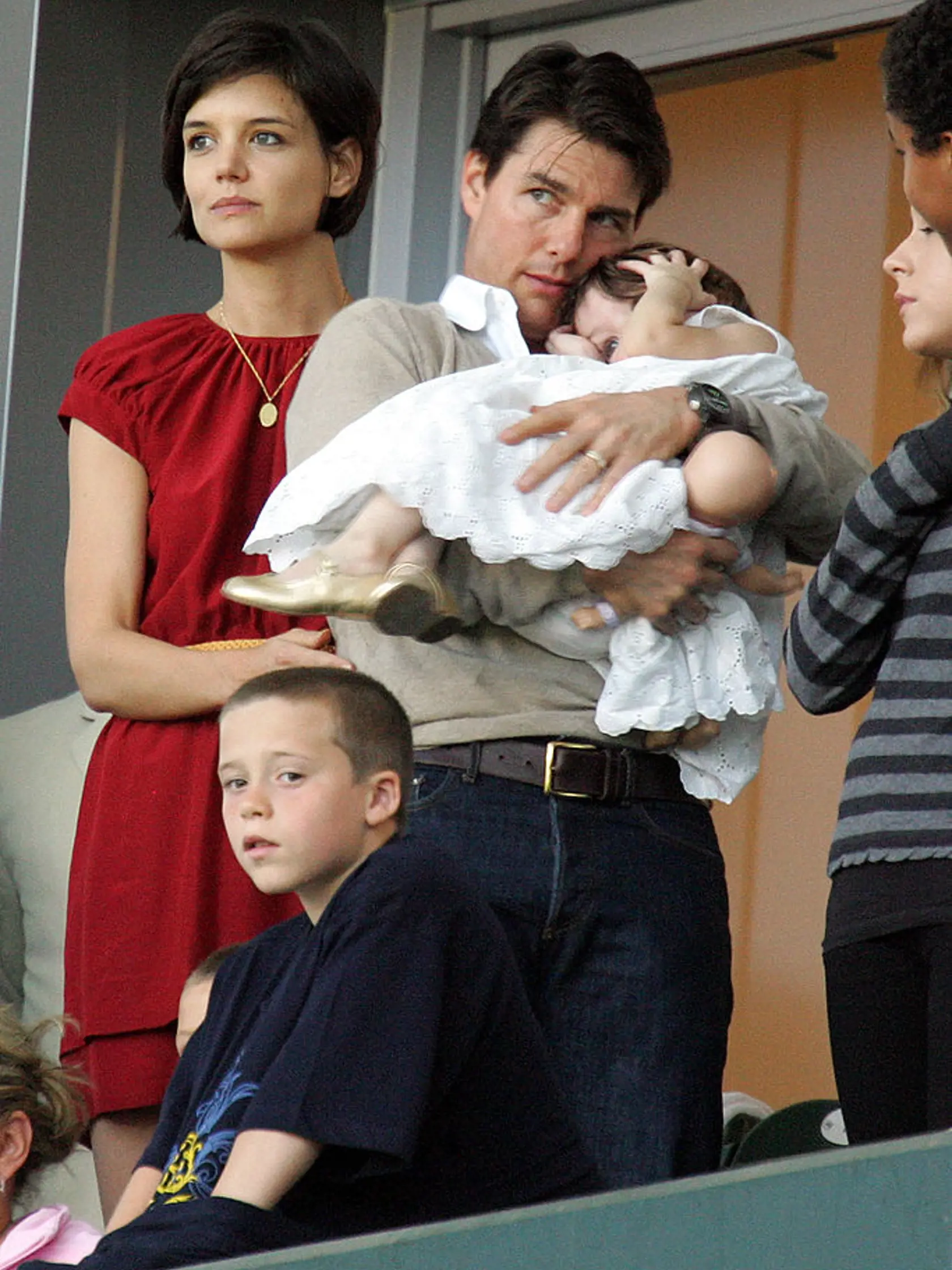 LOS ANGELES, CA - MAY 10:  David Beckham's son Brooklyn Beckham (front), actors Tom Cruise and Katie Holmes, with their daughter Suri Cruise, watch the LA Galaxy v New York Red Bulls Major League Soccer match at the Home Depot Center May 10, 2008, in Carson, California (Photo by Toby Canham/Getty Images) *** Local Caption *** Brooklyn Beckham;Suri Cruise;Tom Cruise;Katie Holmes