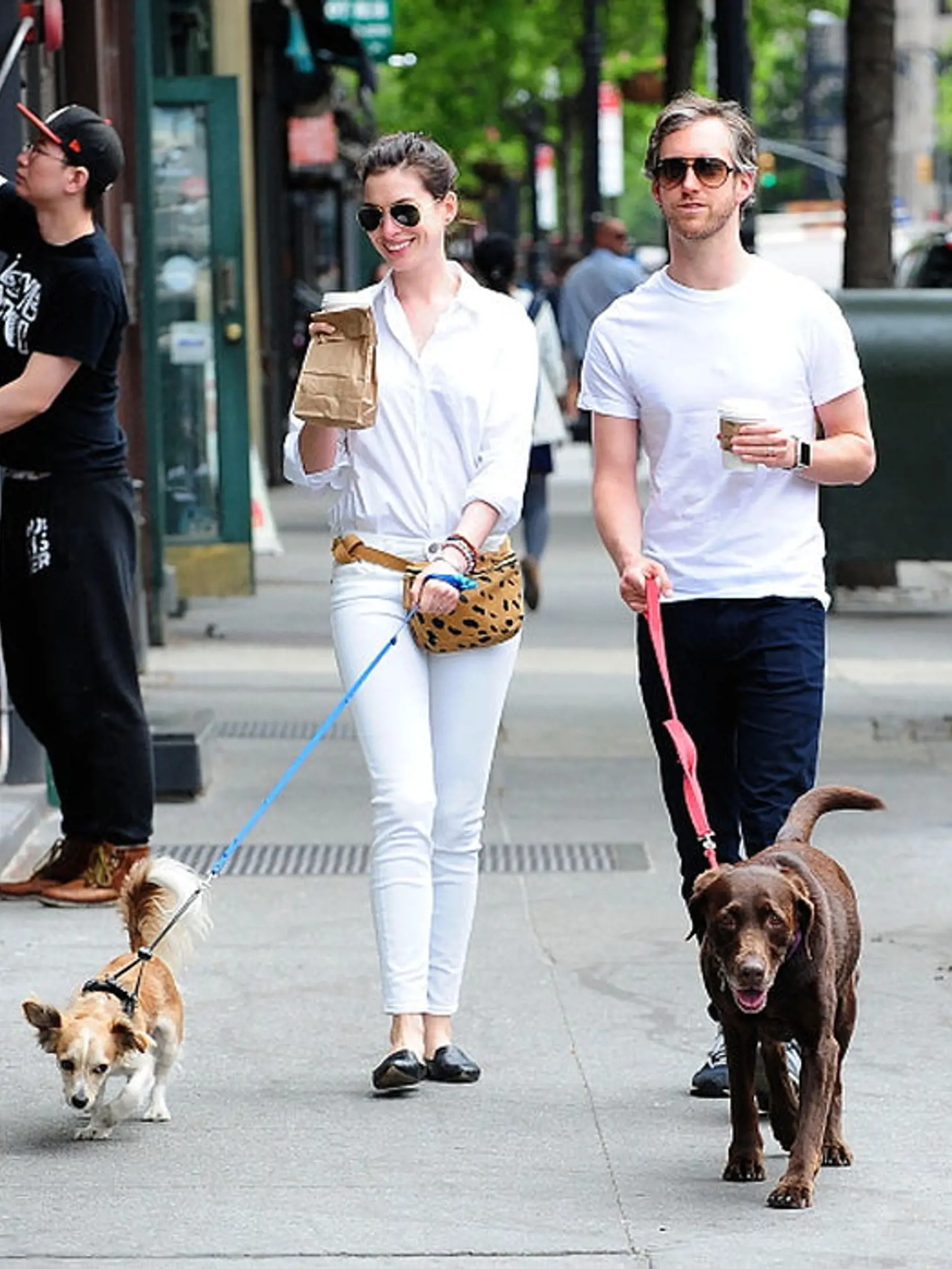 NEW YORK, NY - MAY 13:  Actress Anne Hathaway and Adam Shulman are seen walking in SoHo on May 13, 2015 in New York City.(Photo by Raymond Hall/GC Images)