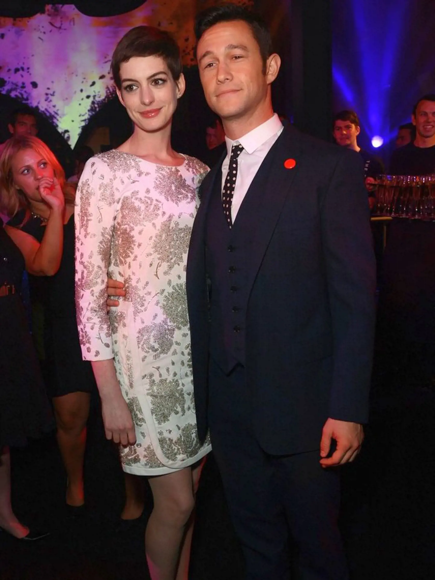 LONDON, ENGLAND - JULY 18:  (UK TABLOID NEWSPAPERS OUT) Anne Hathaway and Joeseph Gordon Levitt attend the European premiere afterparty of The Dark Knight Rises at Freemasons Hall on July 18, 2012 in London, England.  (Photo by Dave Hogan/Getty Images)