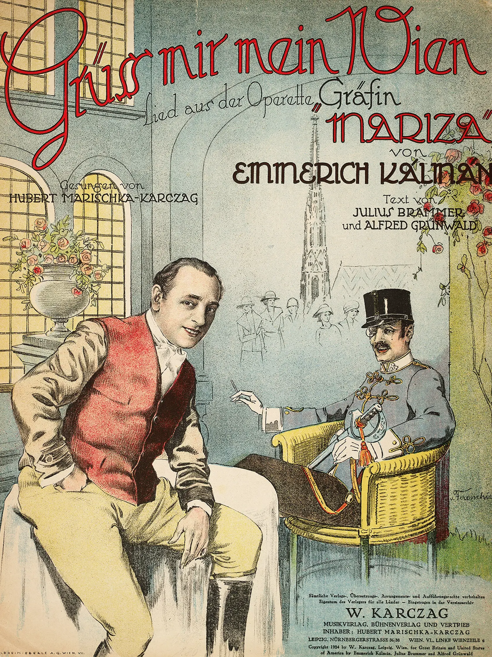 Kalman, Emmerich Komponist, 1882–1953.
Werke: Gräfin Mariza (Operette, UA 1924)

“Grüß mir mein Wien”.
(Lied aus der Operette; Text: Julius Brammer u. Alfred Grünwald).

Titelseite des Notendrucks Leipzig (W. Karczag) 1924.,Image: 277189978, License: Rights-managed, Restrictions: , Model Release: no