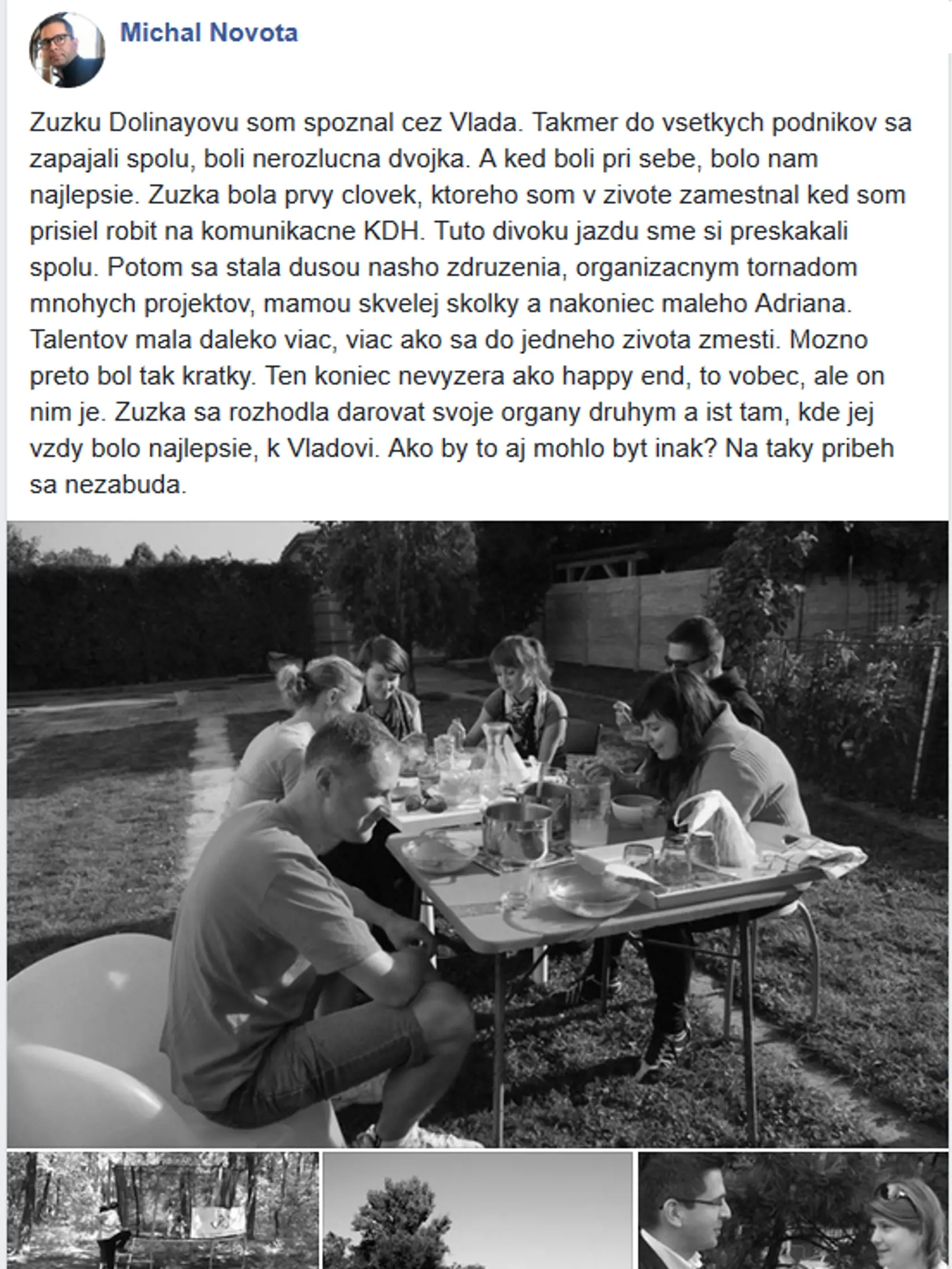 Status Michala Novotu, v ktorom píše o Zuzaninom darovaní orgánov.