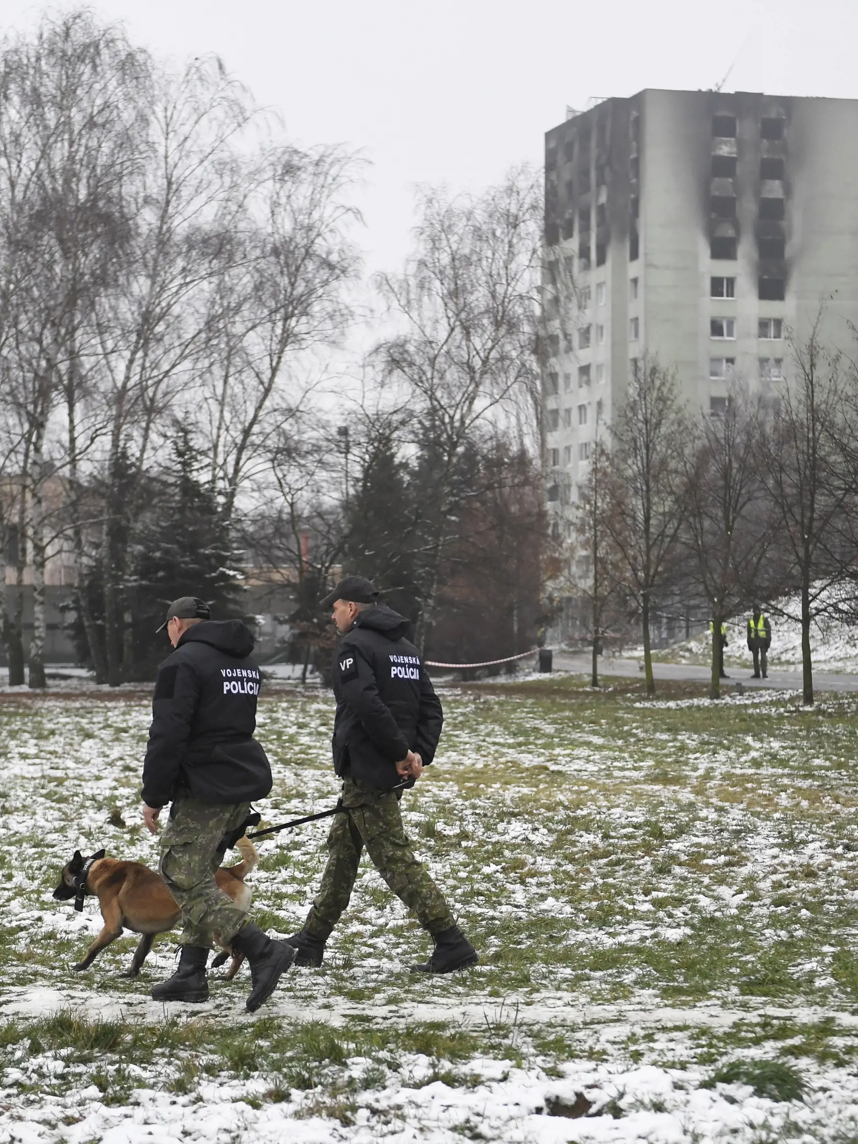 Na snímke polícia so psom neďaleko zhoreného bytového domu v Prešove 8. decembra 2019. Požiar mal vzniknúť po výbuchu horných poschodí 12-podlažnej bytovky v piatok pred 12.15 h. FOTO TASR - František Iván