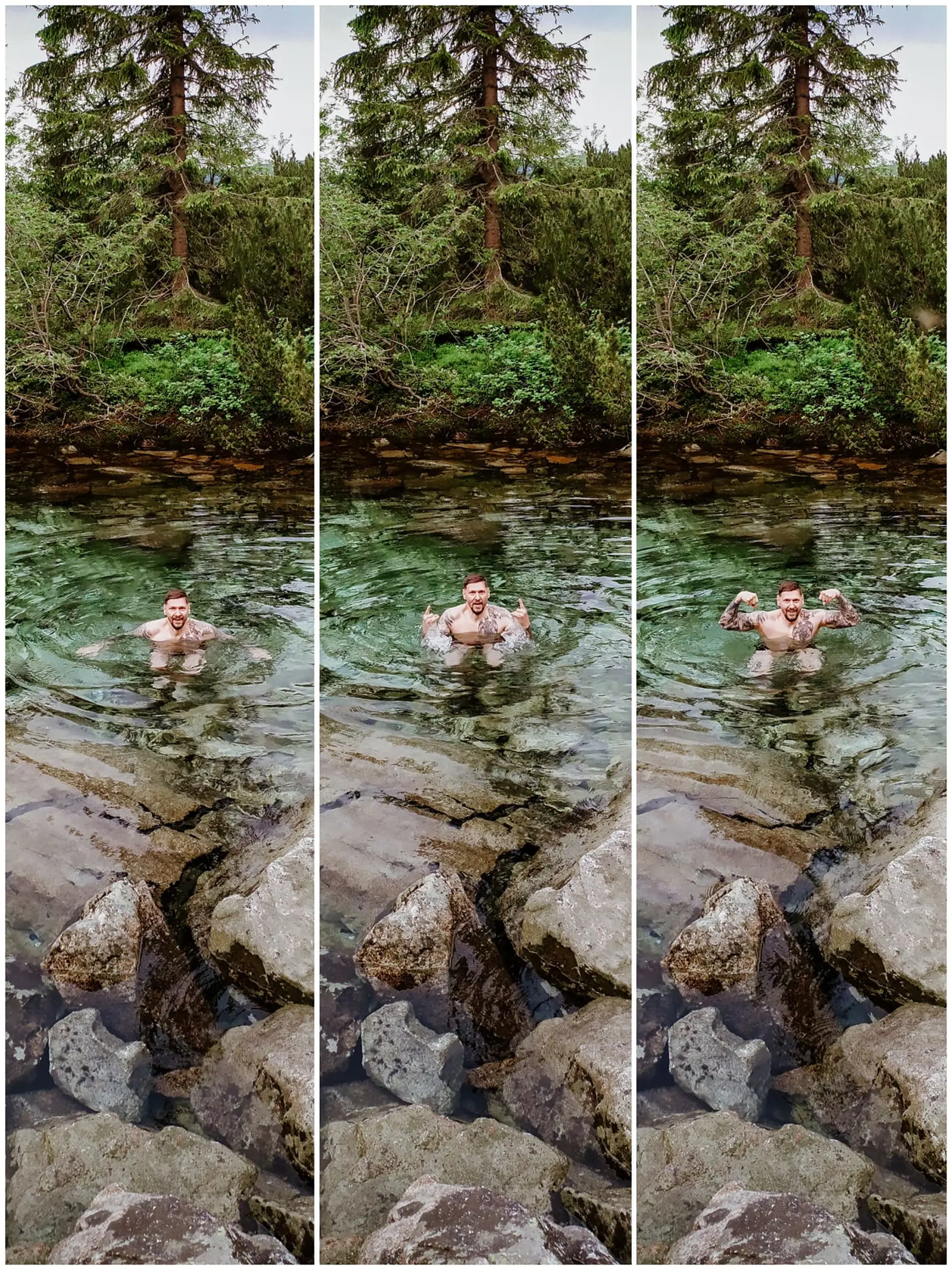 "Milovník hôr", autor fotografie na otázku komentujúceho, kde je taká vymoženosť kúpať sa v horskej vode odpovedal, že pod Roháčskymi plesami.