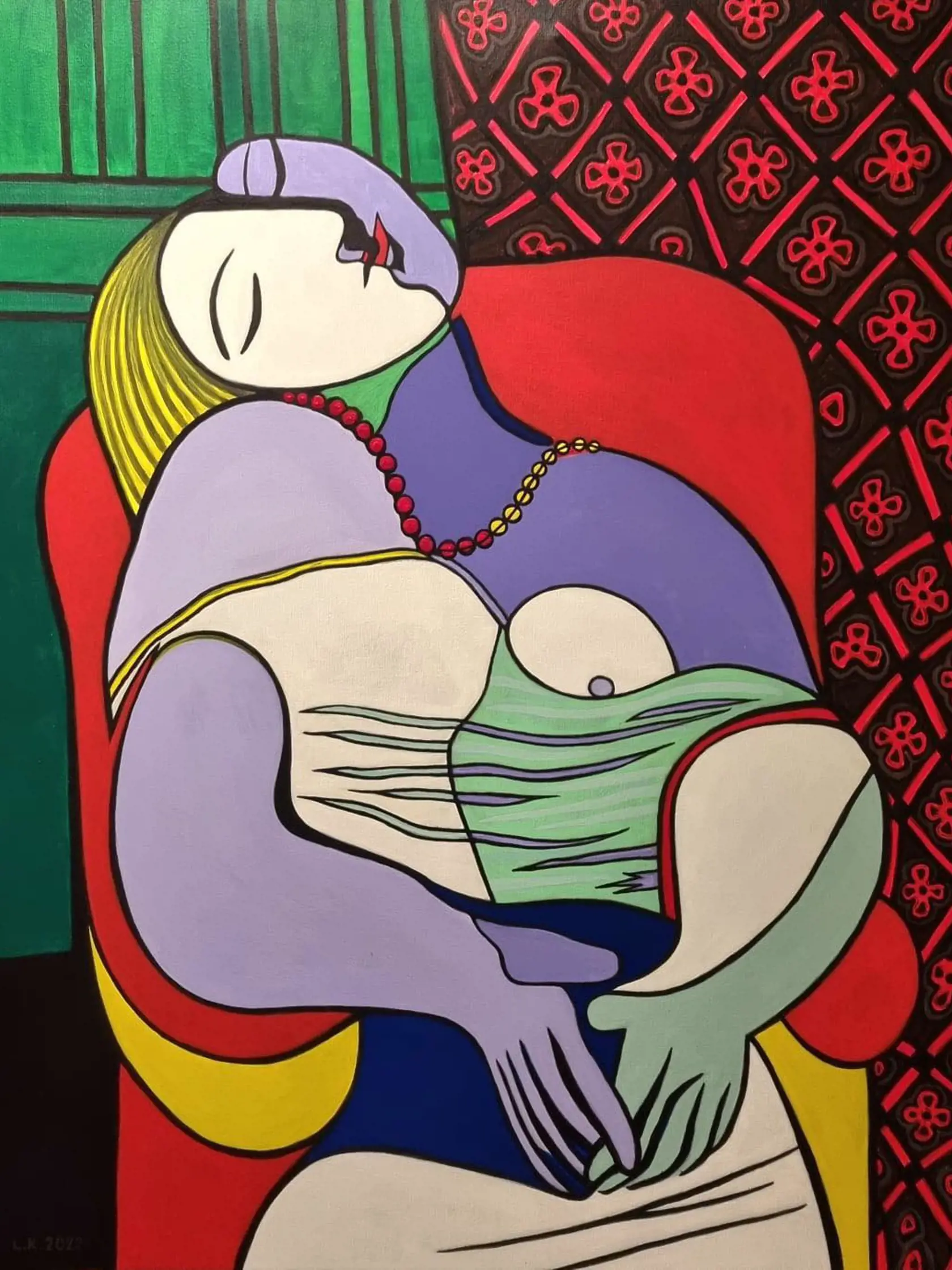 Ladislav Kamenický: Môj posledný obraz je poctou Pablovi Picassovi. Obraz Le Rêve v preklade Sen namaľoval Picasso v roku 1932 a je vzorovým príkladom kubizmu. Na rozdiel od originálu obrazu som použil svoj prístup čierneho orámovania farebných plôch obrazu a namiesto olejových farieb, akrylové.