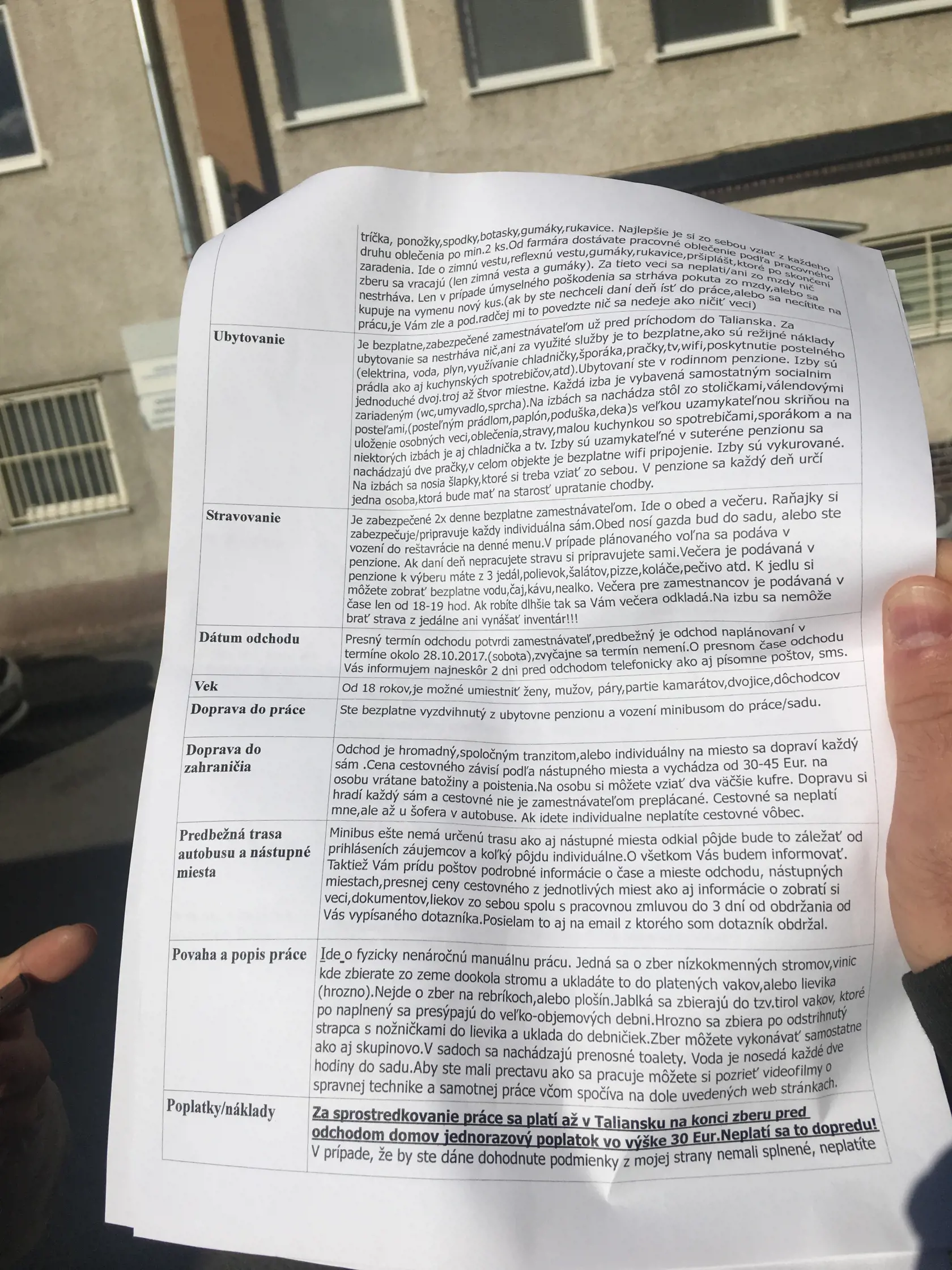 Zmluva na prácu v Taliansku.