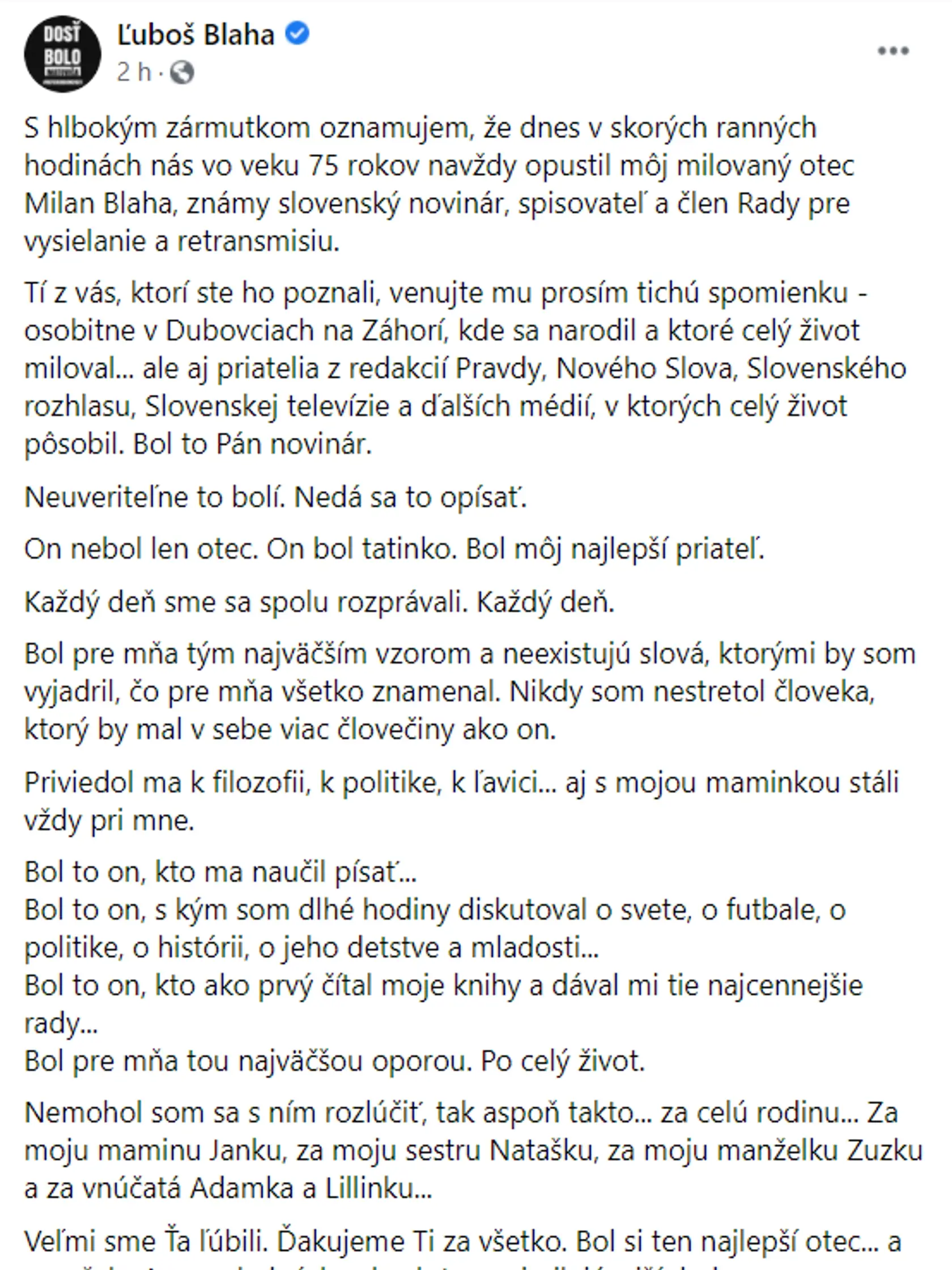 Poslancovi Ľubošovi Blahovi zomrel jeho milovaný otec. Prostredníctvom sociálnej siete mu zanechal dojímavý odkaz.