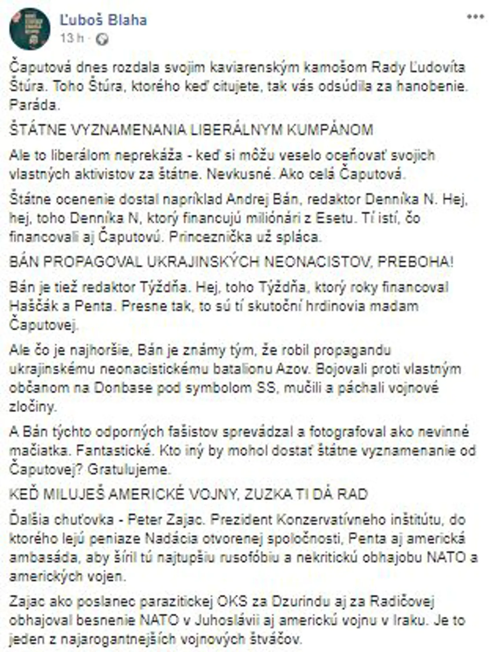 Ľuboš Blaha - status na facebooku