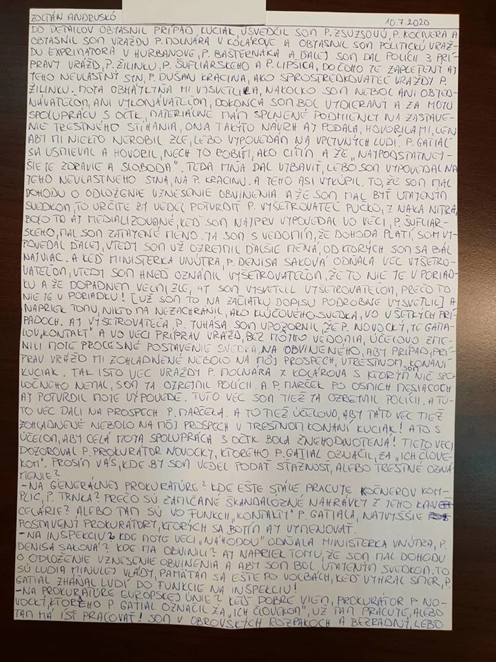 List Zoltána Andruskóa z väzenia, kde si odpykáva 15-ročný trest za účasť na vražde Jána Kuciaka a Martiny Kušnírovej.