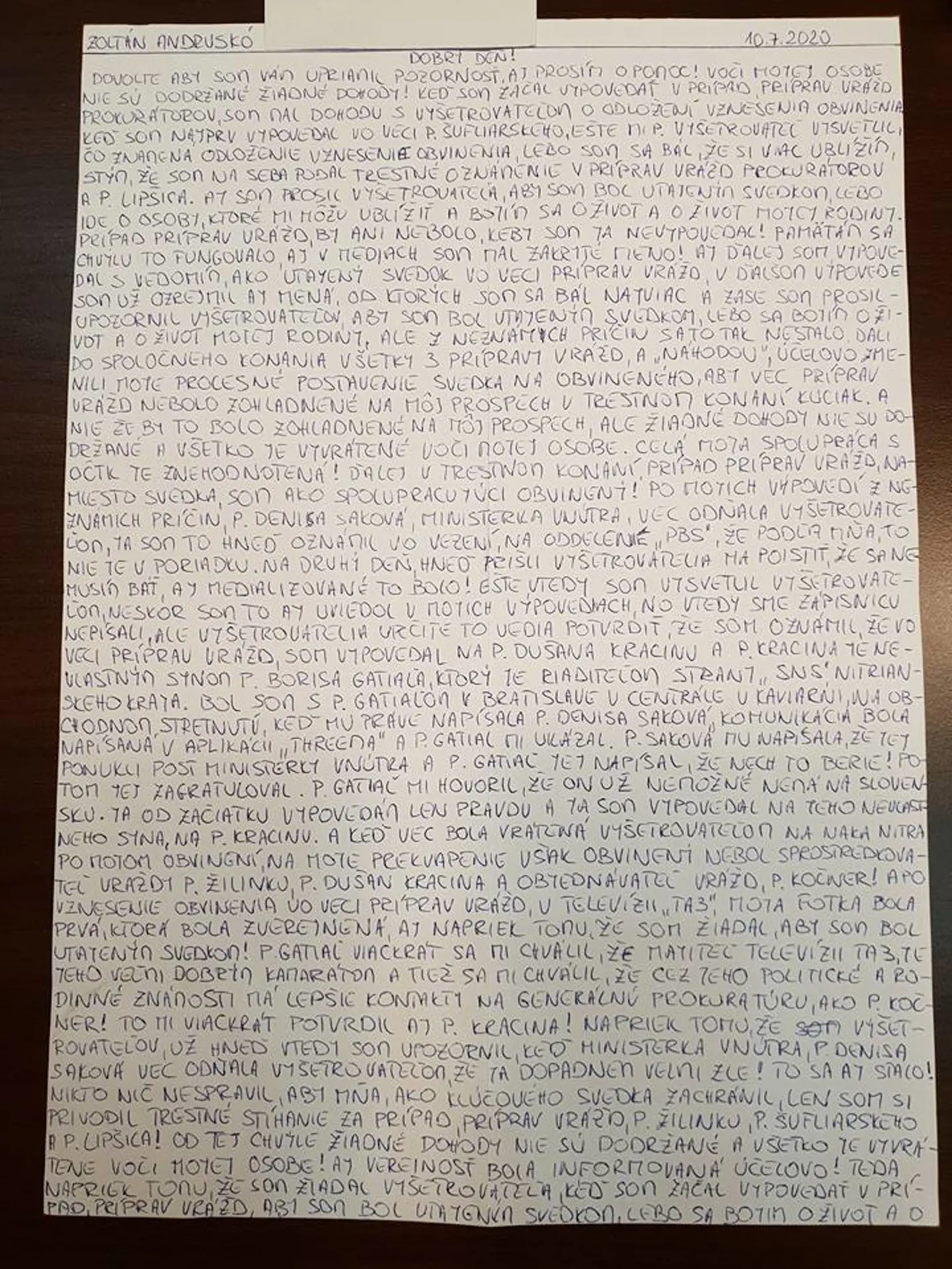 List Zoltána Andruskóa z väzenia, kde si odpykáva 15-ročný trest za účasť na vražde Jána Kuciaka a Martiny Kušnírovej.