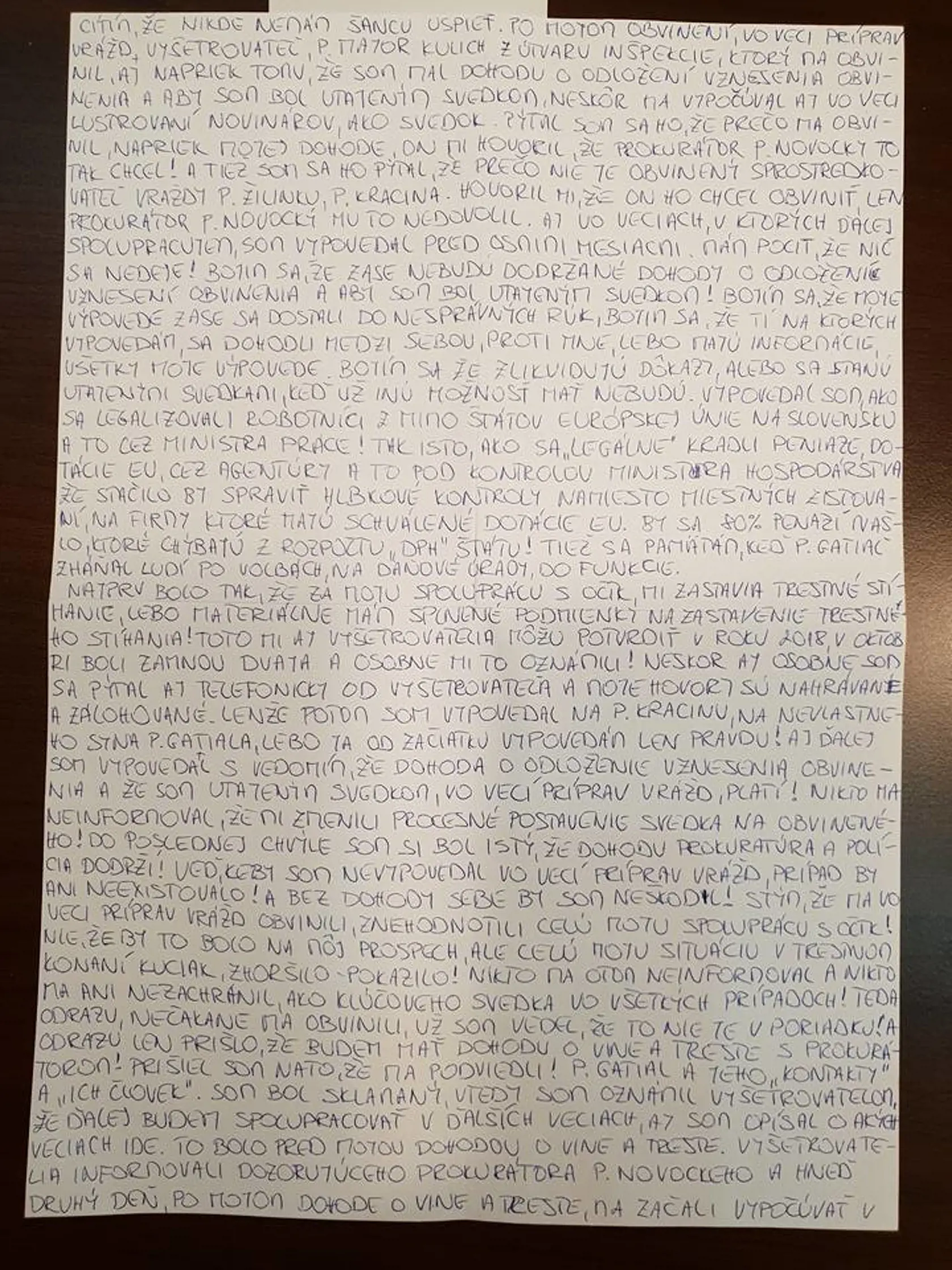List Zoltána Andruskóa z väzenia, kde si odpykáva 15-ročný trest za účasť na vražde Jána Kuciaka a Martiny Kušnírovej.