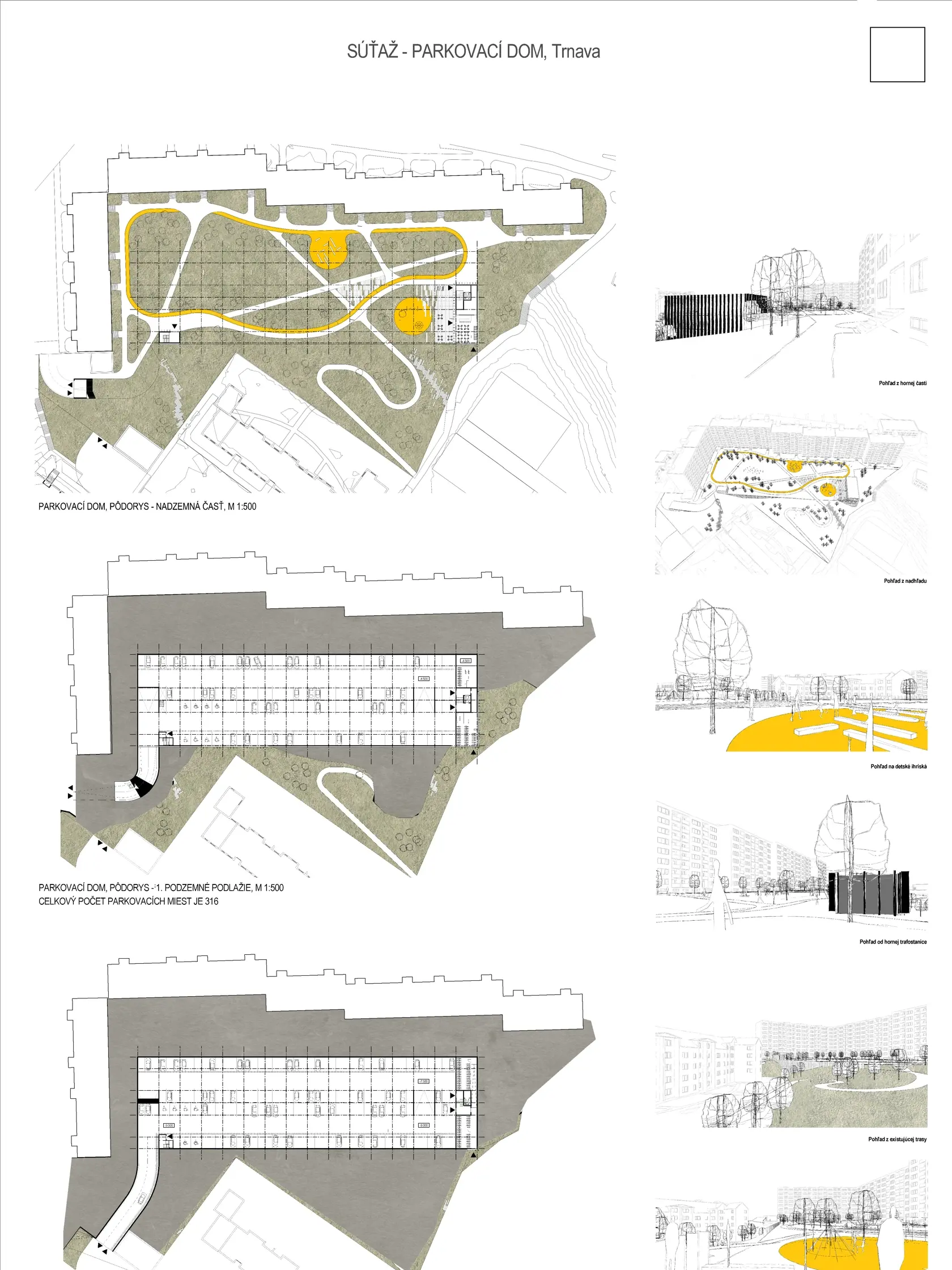 Architektonické riešenie parkovacieho domu v rámci obytného súboru Na hlinách v Trnave vyhral Atelier URBAN + Fischers, Bratislava. Do súťaže sa zapojilo 16 autorských kolektívov.