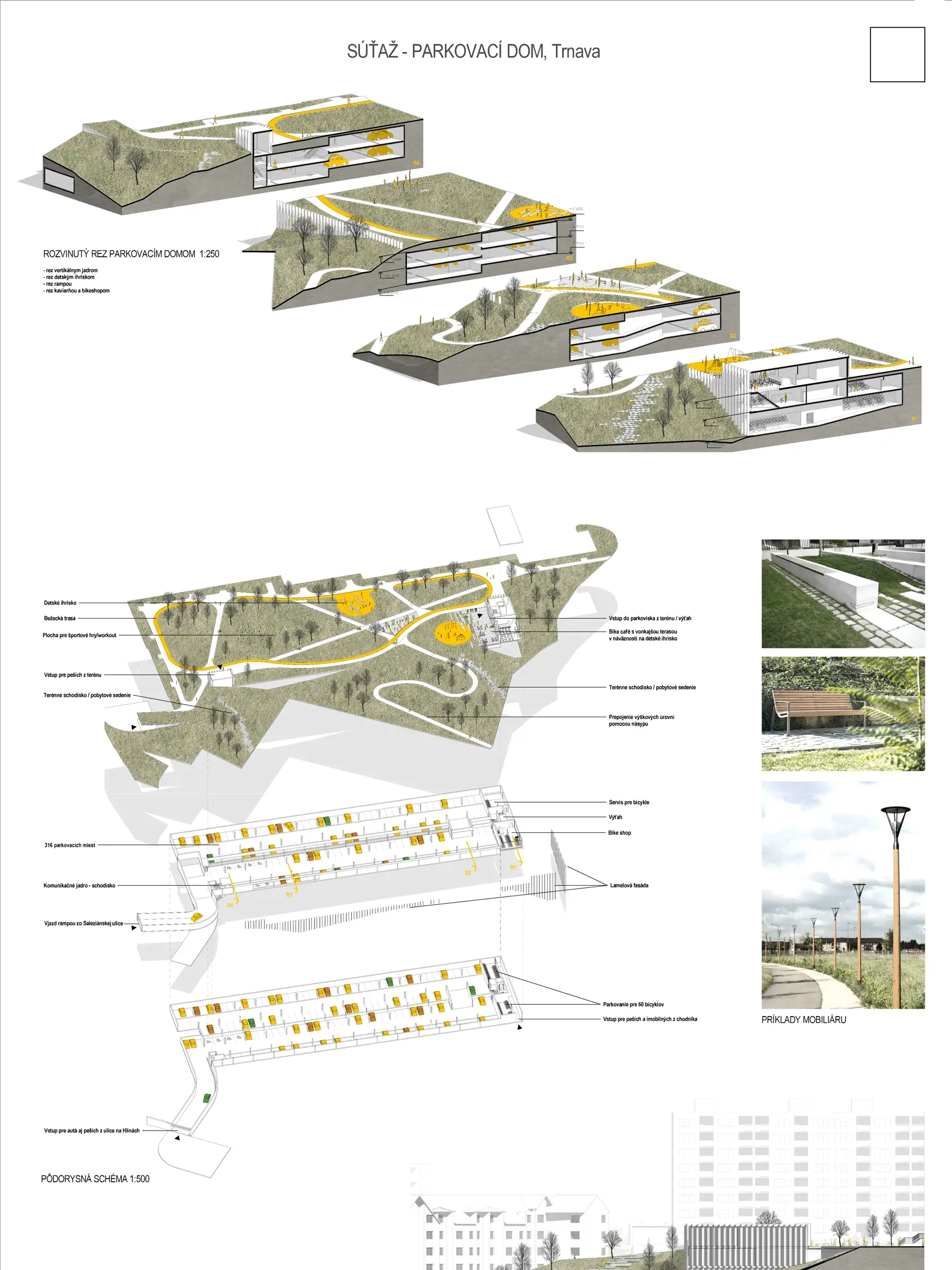 Architektonické riešenie parkovacieho domu v rámci obytného súboru Na hlinách v Trnave vyhral Atelier URBAN + Fischers, Bratislava. Do súťaže sa zapojilo 16 autorských kolektívov.