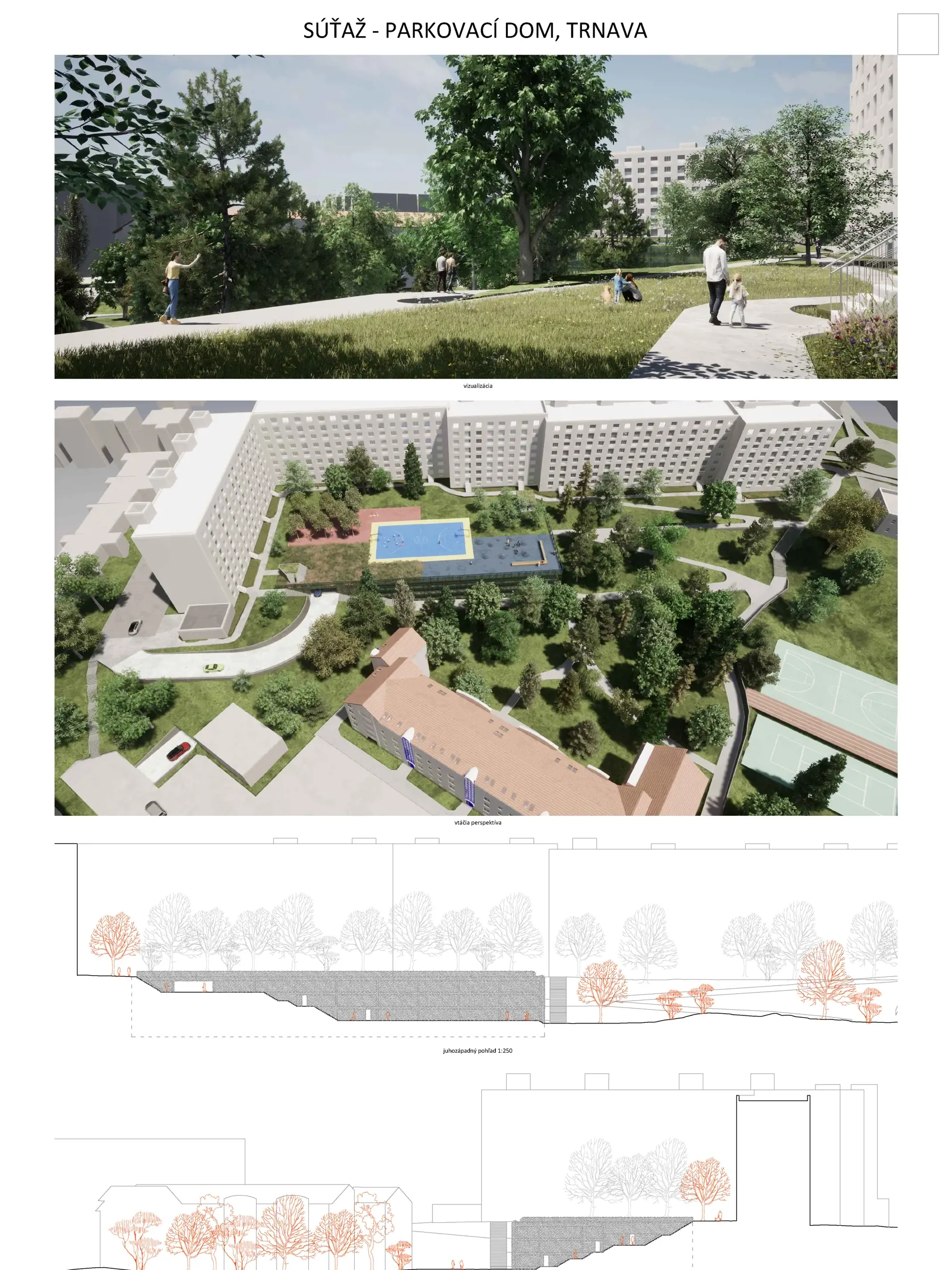 Architektonické riešenie parkovacieho domu v rámci obytného súboru Na hlinách v Trnave vyhral Atelier URBAN + Fischers, Bratislava. Do súťaže sa zapojilo 16 autorských kolektívov.