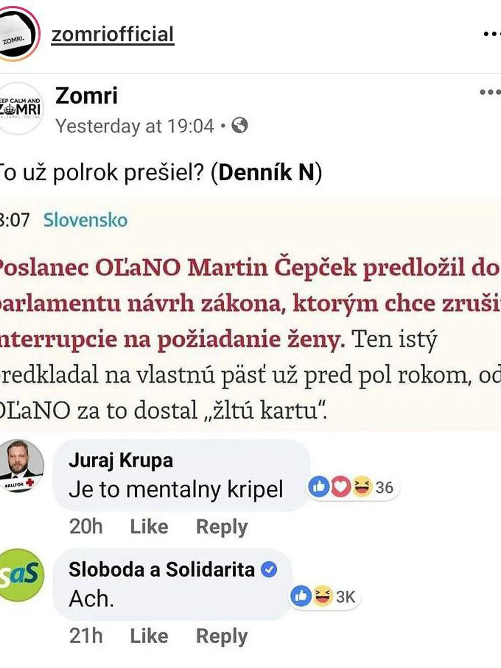 Zákon, ktorý by zakázal interrupcie na žiadosť ženy, predkladá poslanec OĽaNO Martin Čepček (42)  do parlamentu už druhý raz. V auguste pritom nemal podporu v hnutí a ani v koalícii, dokonca mu vtedy poslanecký klub udelil „žltú kartu”. Teraz mu môže dokonca hroziť vyhadzov.  Čepček sa však v rozhovore pre Plus JEDEN DEŇ bráni, že ochrana života je na prvom mieste a interrupcie otvorene prirovnáva k trestu smrti.