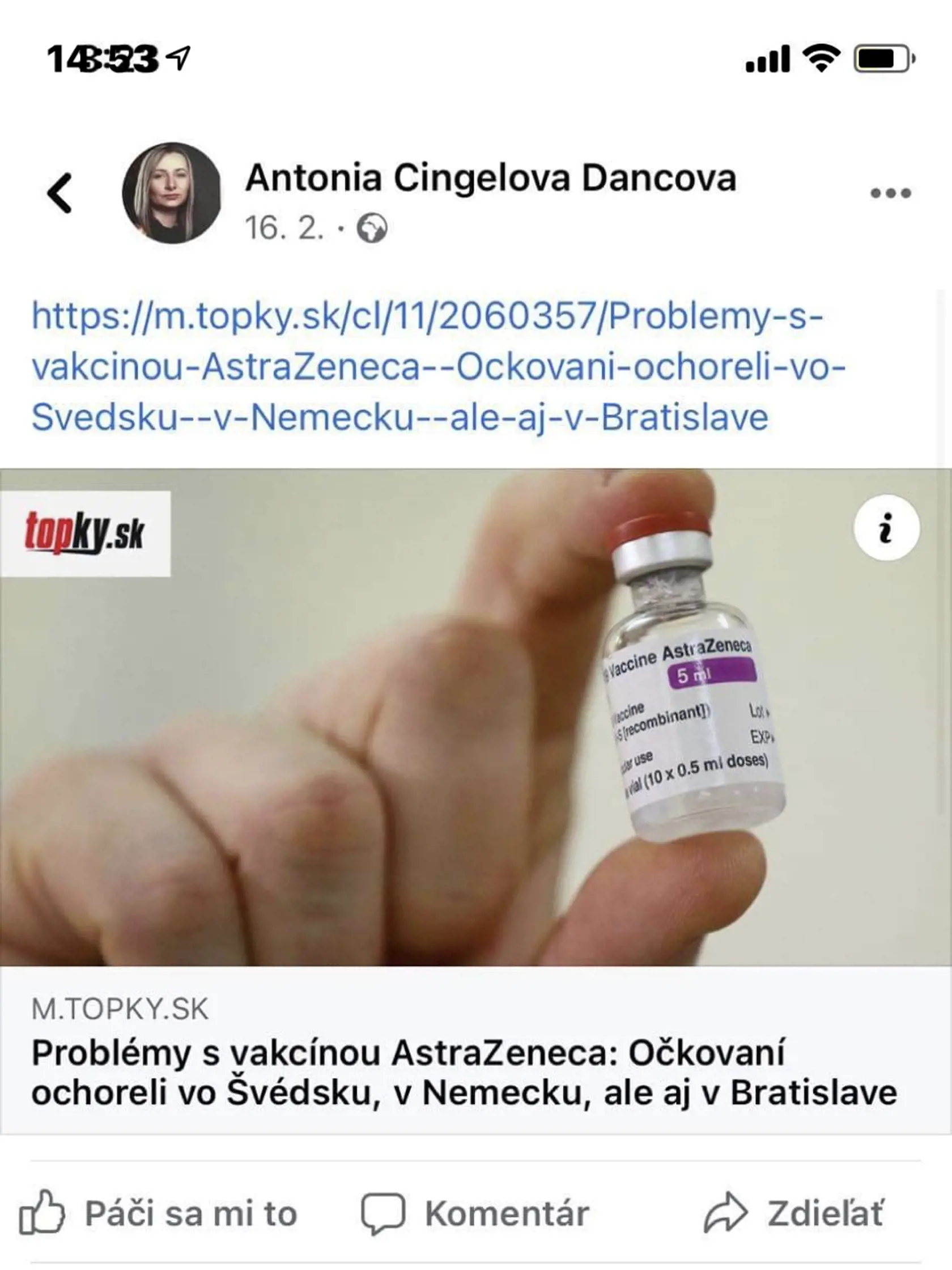 Zlá predtucha. Vranovská pedagogička Antónia (†38) pár dní pred smrťou zdieľala na svojom profile na sociálnej sieti článok o problémoch s vakcínou AstraZeneca.