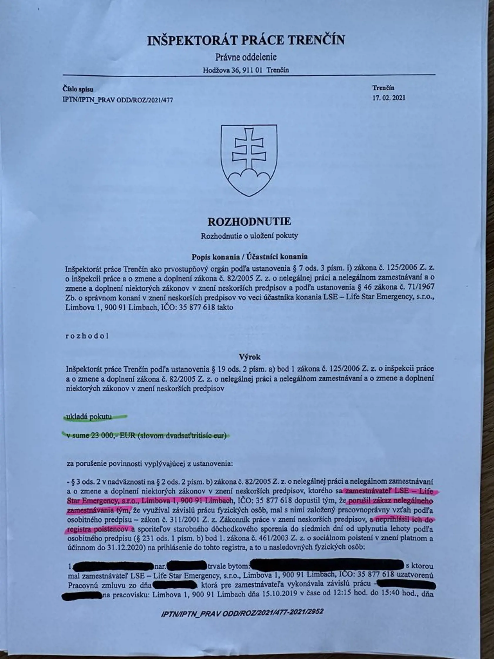 Protokol z Inšpektorátu práce, ktorým disponuje denník Plus JEDEN DEŇ.