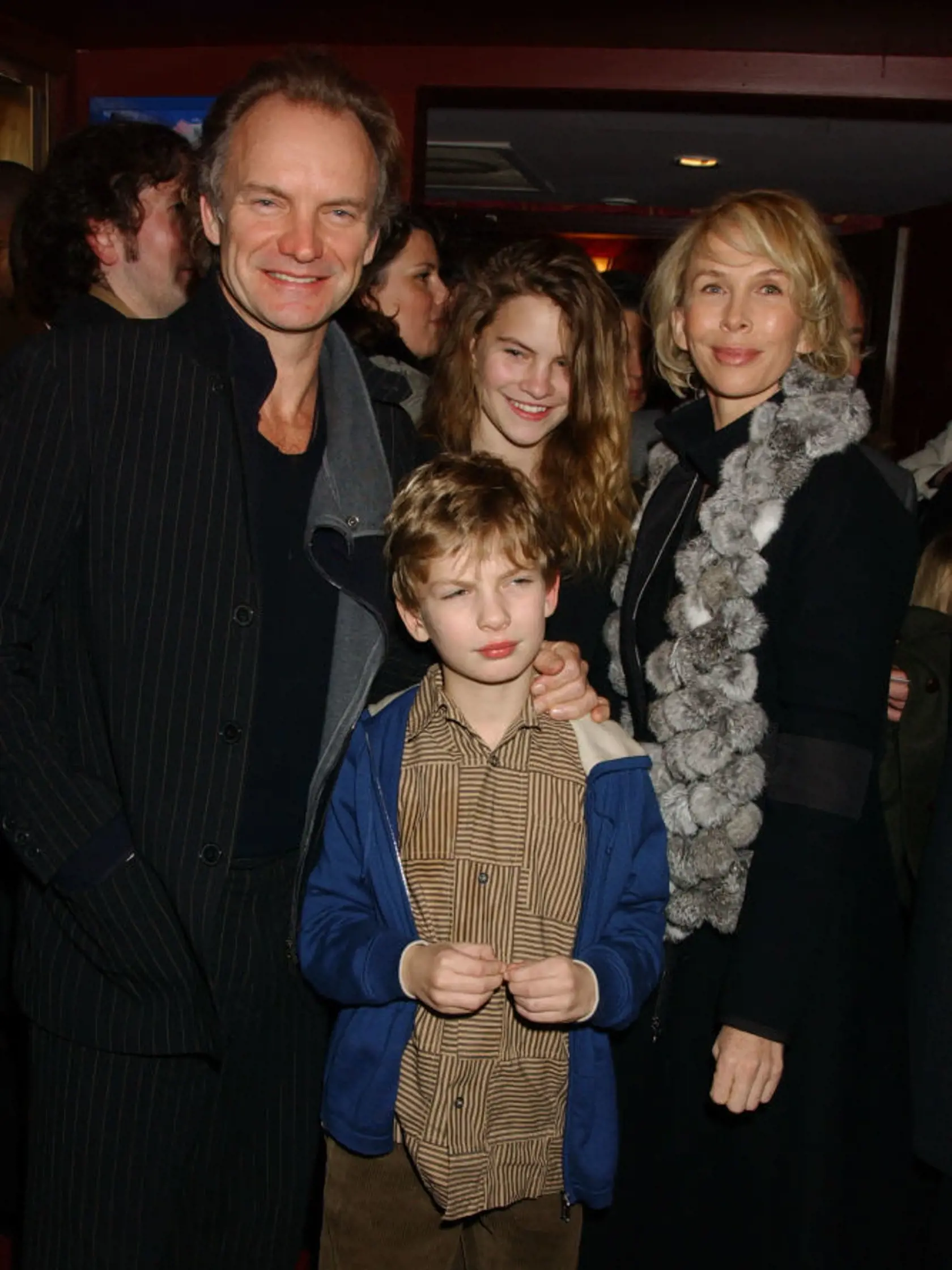 LONDON - DECEMBER 14: (EMBARGOED FOR PUBLICATION IN UK TABLOID NEWSPAPERS UNTIL 48 HOURS AFTER CREATE DATE AND TIME)  Musician Sting, wife producer Trudie Styler, daughter Coco and son Giacomo attend the "Mary Poppins" Gala Preview ahead of tomorrow's press night at the Prince Edward Theatre on December 14, 2004 in London. (Photo by Dave Benett/Getty Images) 