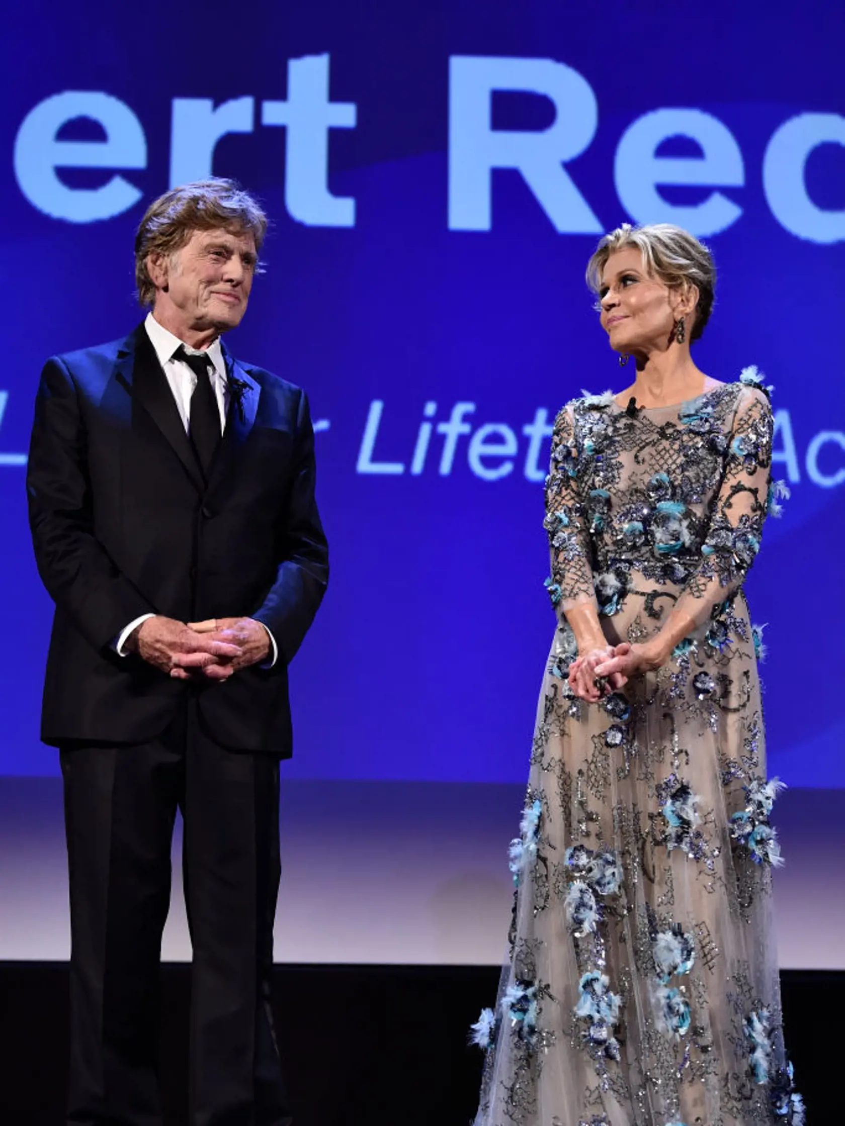 VENICE, ITALY - SEPTEMBER 01:  Robert Redford and Jane Fonda receive a Golden Lion For Lifetime Achievement Award during the 74th Venice Film Festival on September 1, 2017 in Venice, Italy.  (Photo by Pascal Le Segretain/Getty Images)