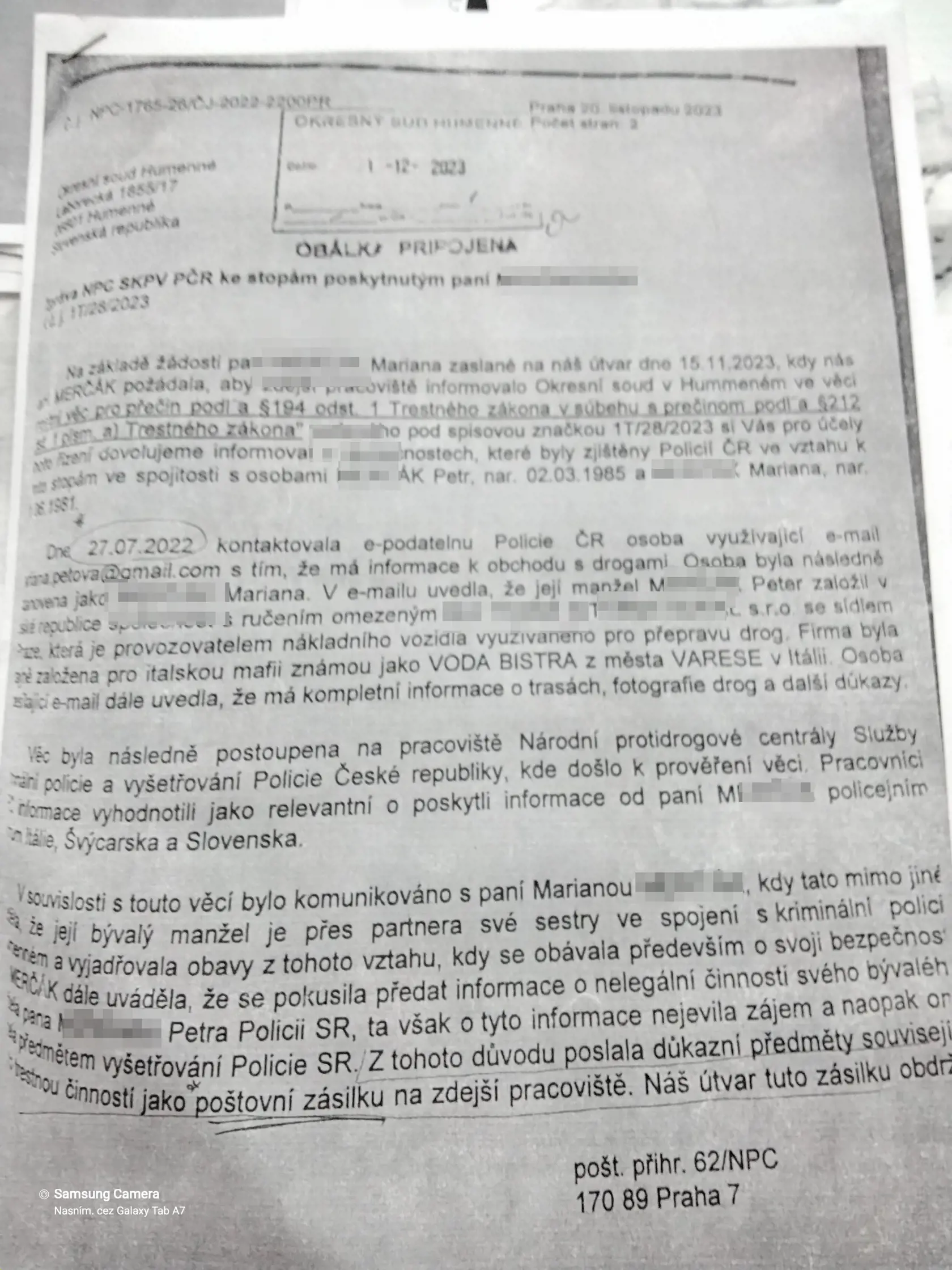 Potvrdenie z českej polície pre humenský súd.