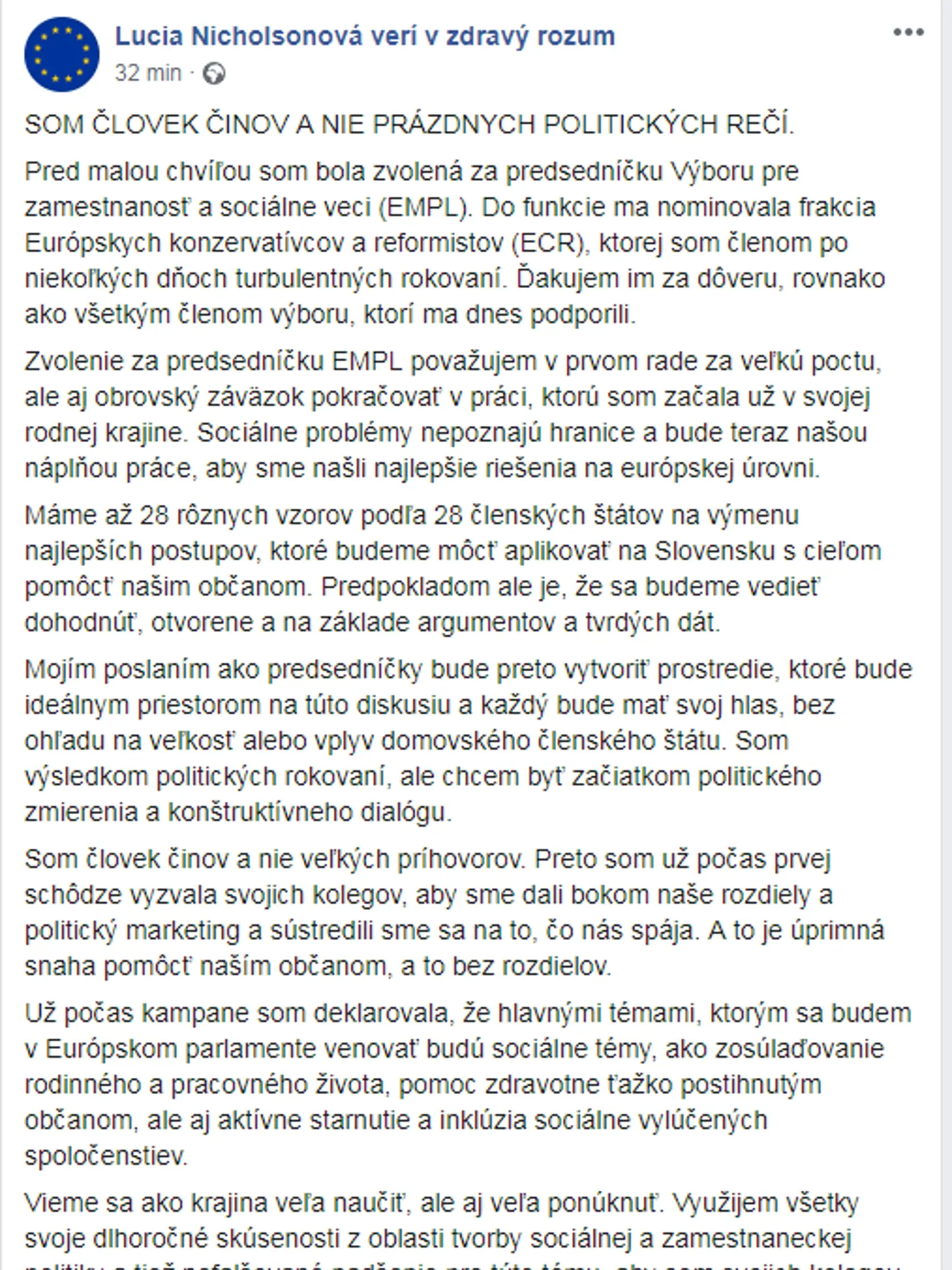 Status Nicholsonovej, ktorým sa vyjadrila ku svojmu zvoleniu.