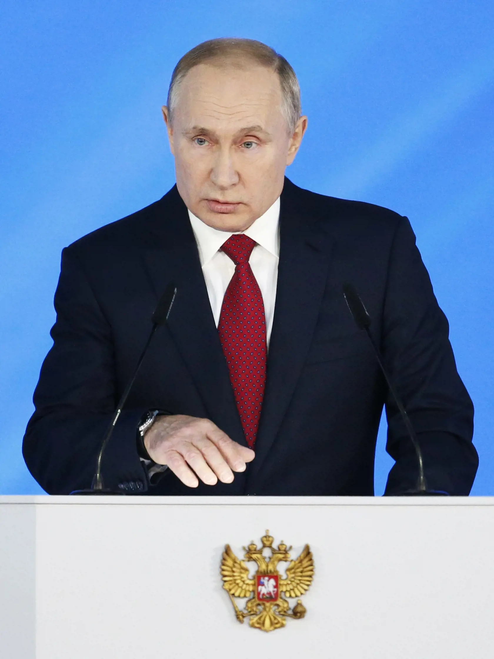 JB 20 Moskva - Ruský prezident Vladimir Putin počas výročného prejavu k poslancom  Federálneho zhromaždenia v Moskve 15. januára 2020. FOTO TASR/AP

Russian President Vladimir Putin addresses the State Council in Moscow, Russia, Wednesday, Jan. 15, 2020. (AP Photo/Alexander Zemlianichenko )