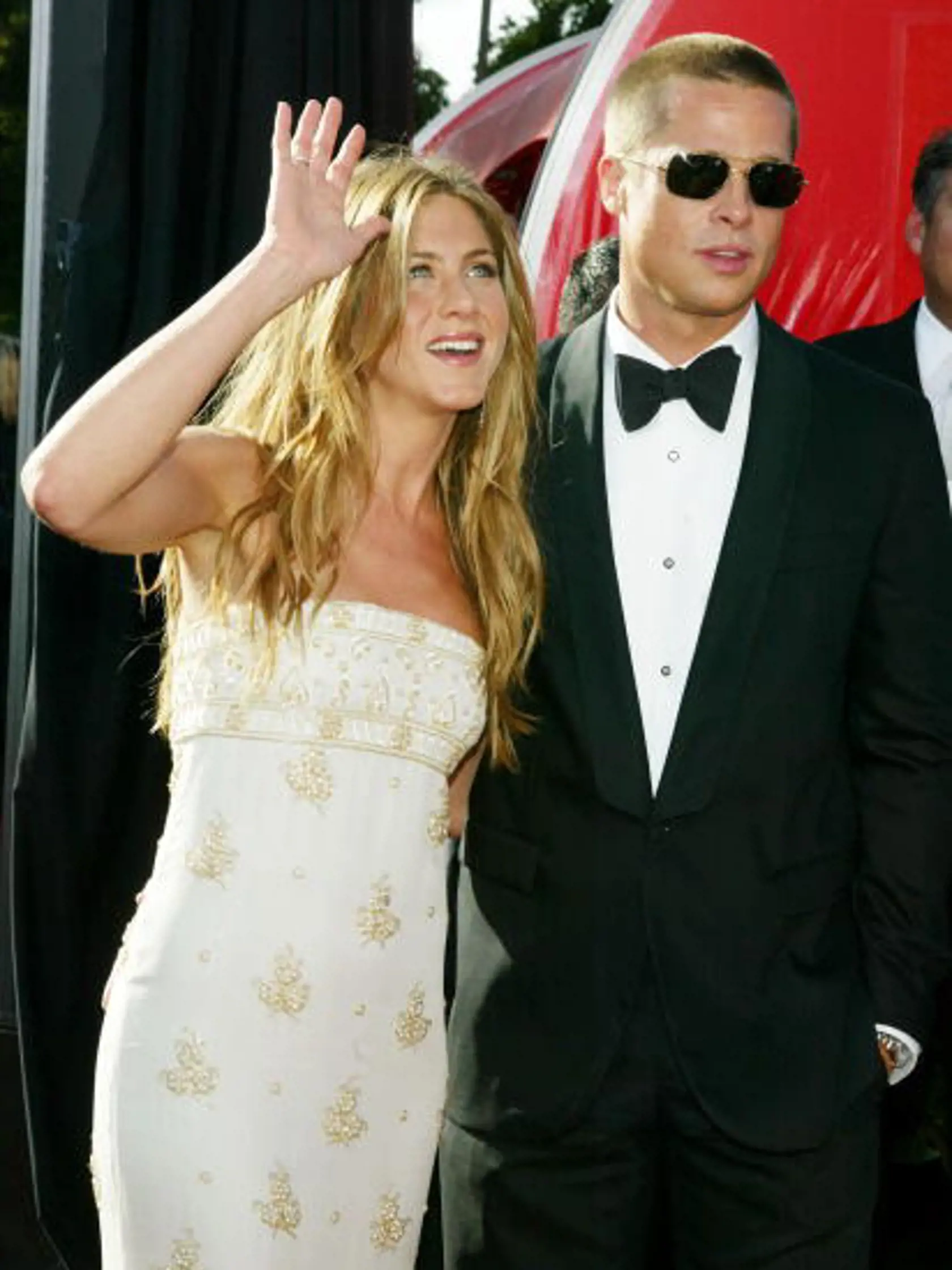 LOS ANGELES - SEPTEMBER 19:  Actors Jennifer Aniston and husband Brad Pitt attend the 56th Annual Primetime Emmy Awards at the Shrine Auditorium September 19, 2004 in Los Angeles, California.  (Photo by Kevin Winter/Getty Images) 