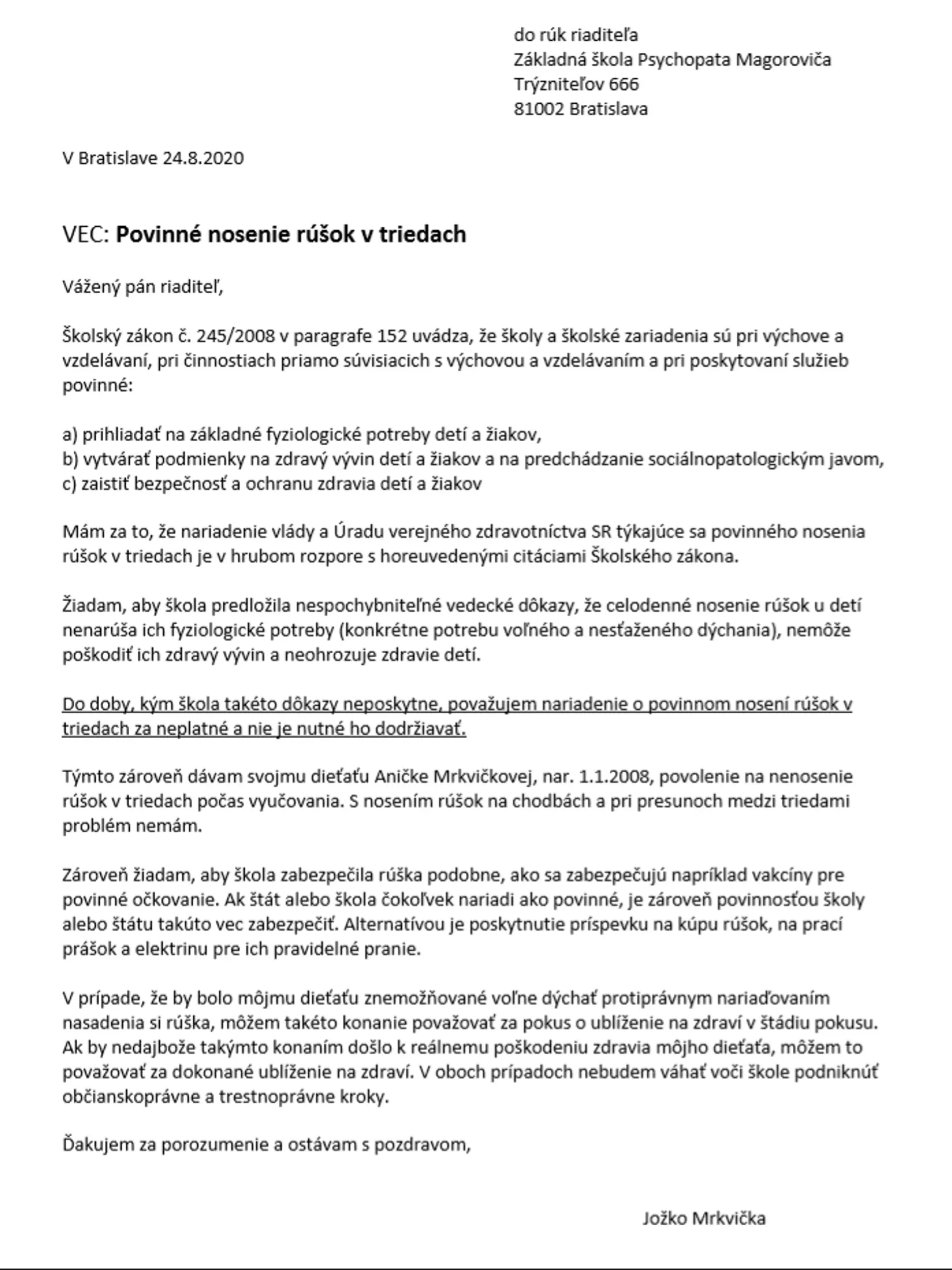 Takýto list koluje na internete a vyzýva rodičov, aby si ho stiahli.