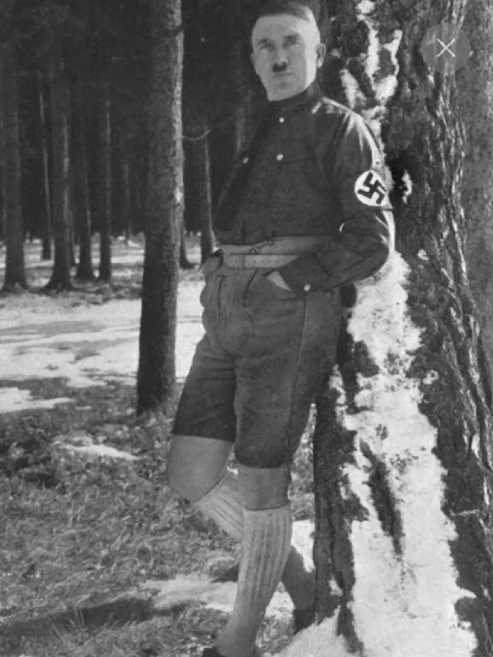 Na ďalšom zo zachránených záberov pózuje nemecký vodca v lese "koketne" opretý o strom. Hitler je na zábere na toľko uvoľnený, že na ňom dokonca vidieť jeho brucho.