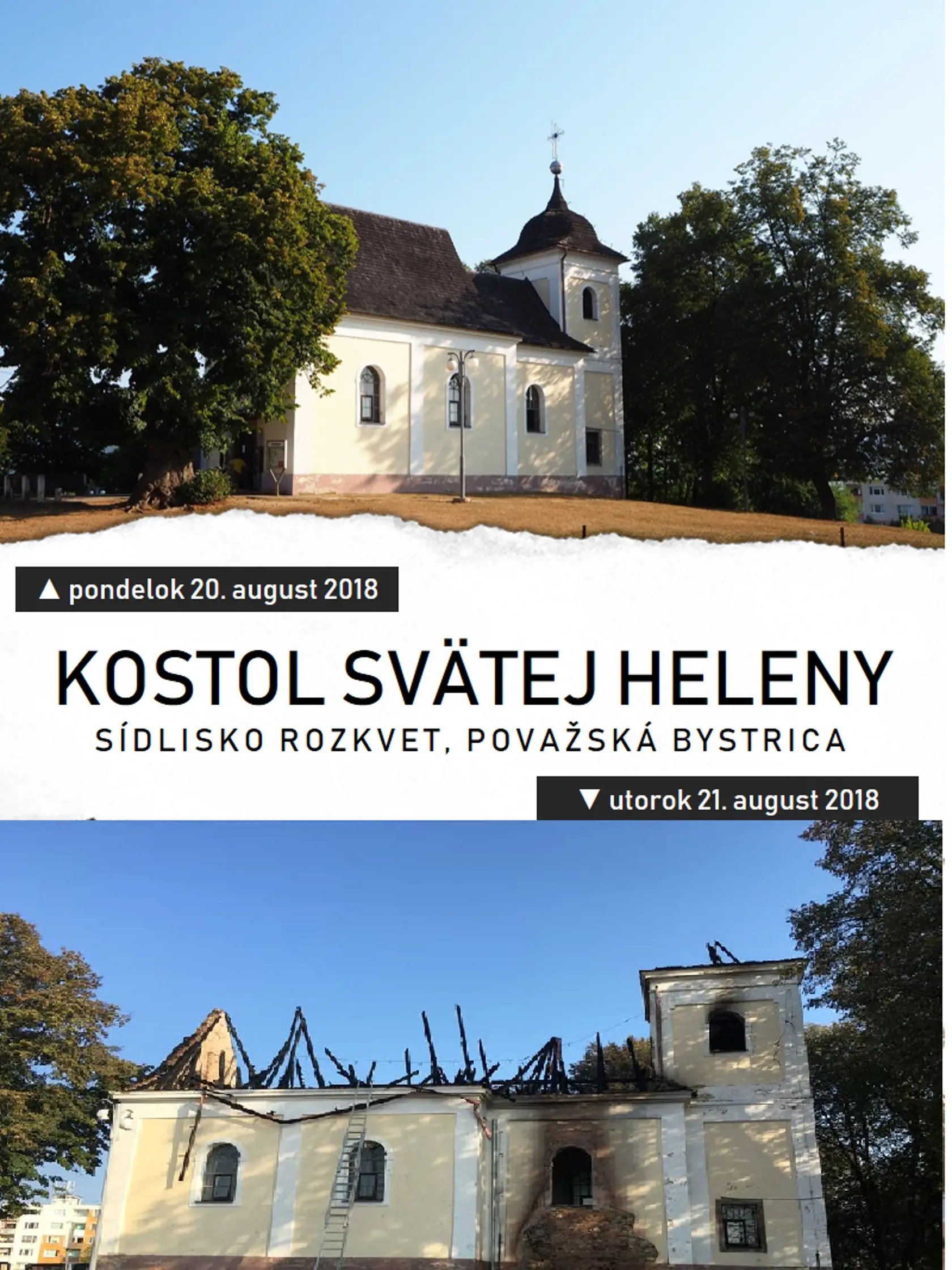 Takto vyzeral kostol pred požiarom a po požiari. 