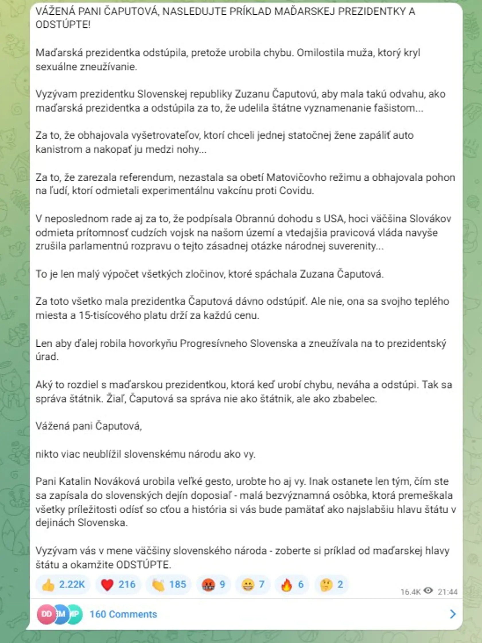 Status Ľuboša Blahu, ktorým cez vkend vyzval prezidentku Zuzanu Čaputovú, aby odstúpila.