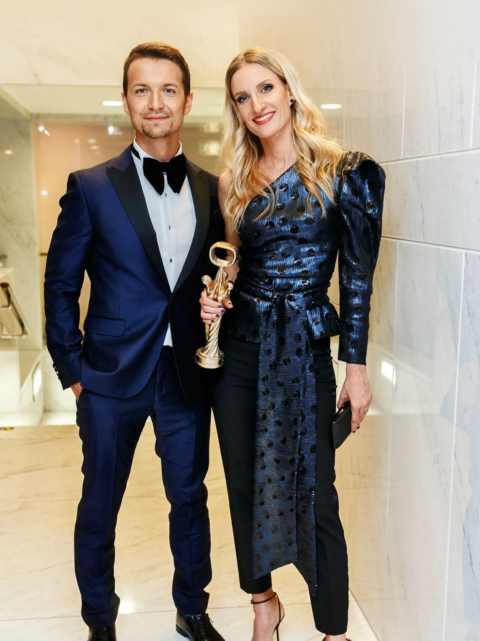 Na snímke počas párty po skončení priameho prenosu z galavečera OTO 2019. Na snímke Viktor Vincze a Adela Vinczeová.