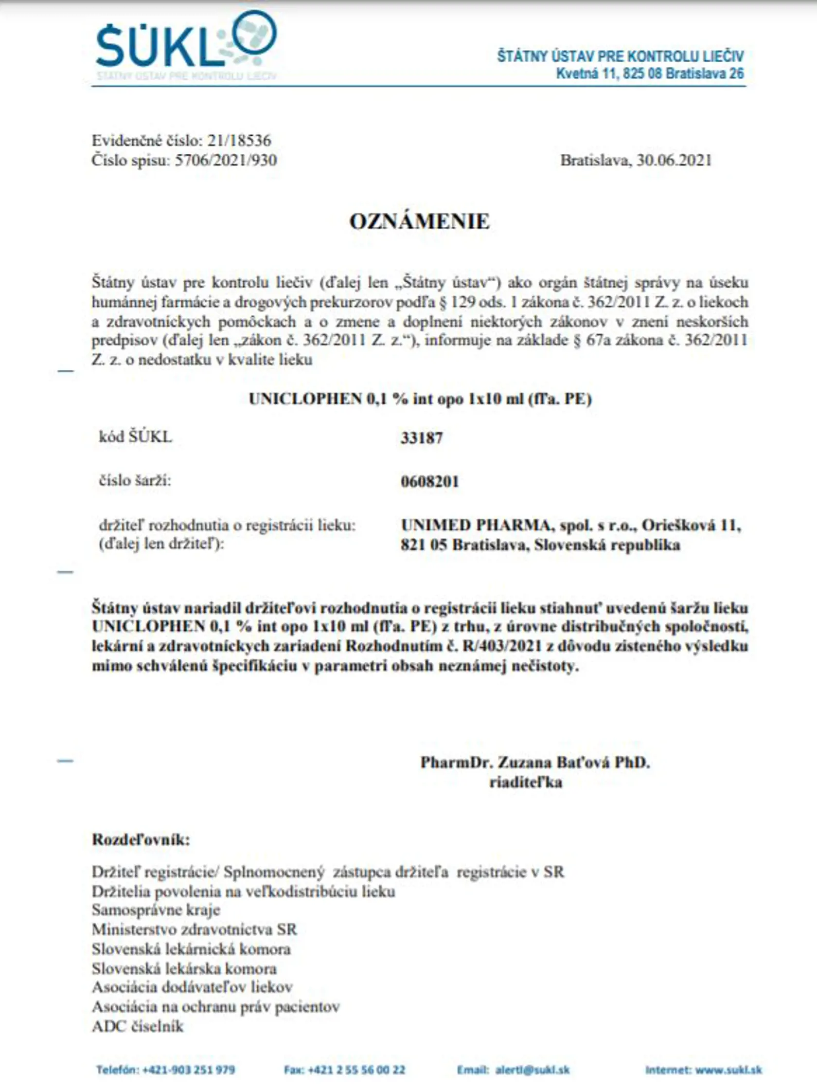 Oznámenie ŠÚKL o stiahnutí lieku z trhu.